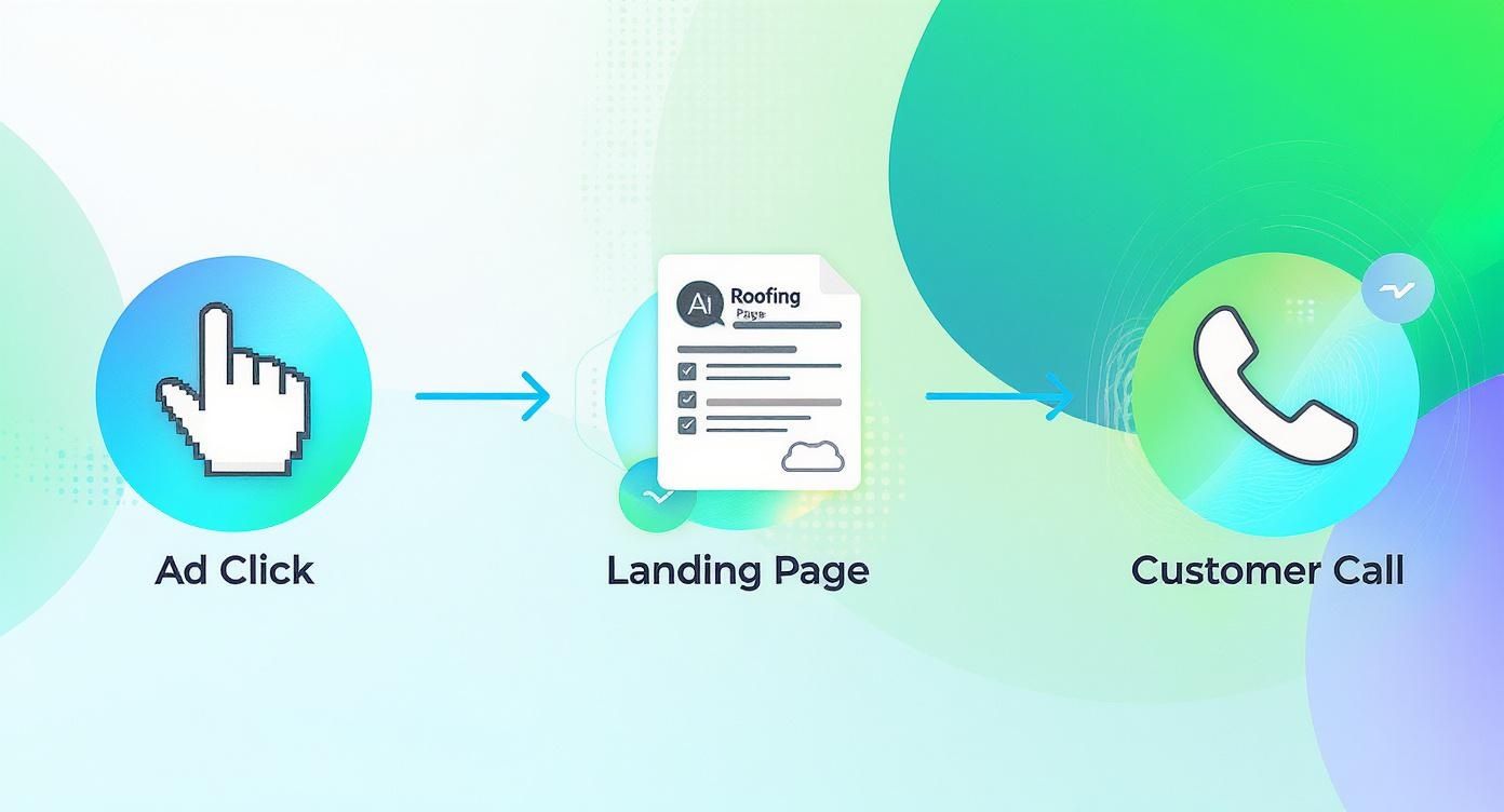 A diagram illustrating the customer journey: Ad Click -> Landing Page (AI Roofing) -> Customer Call.