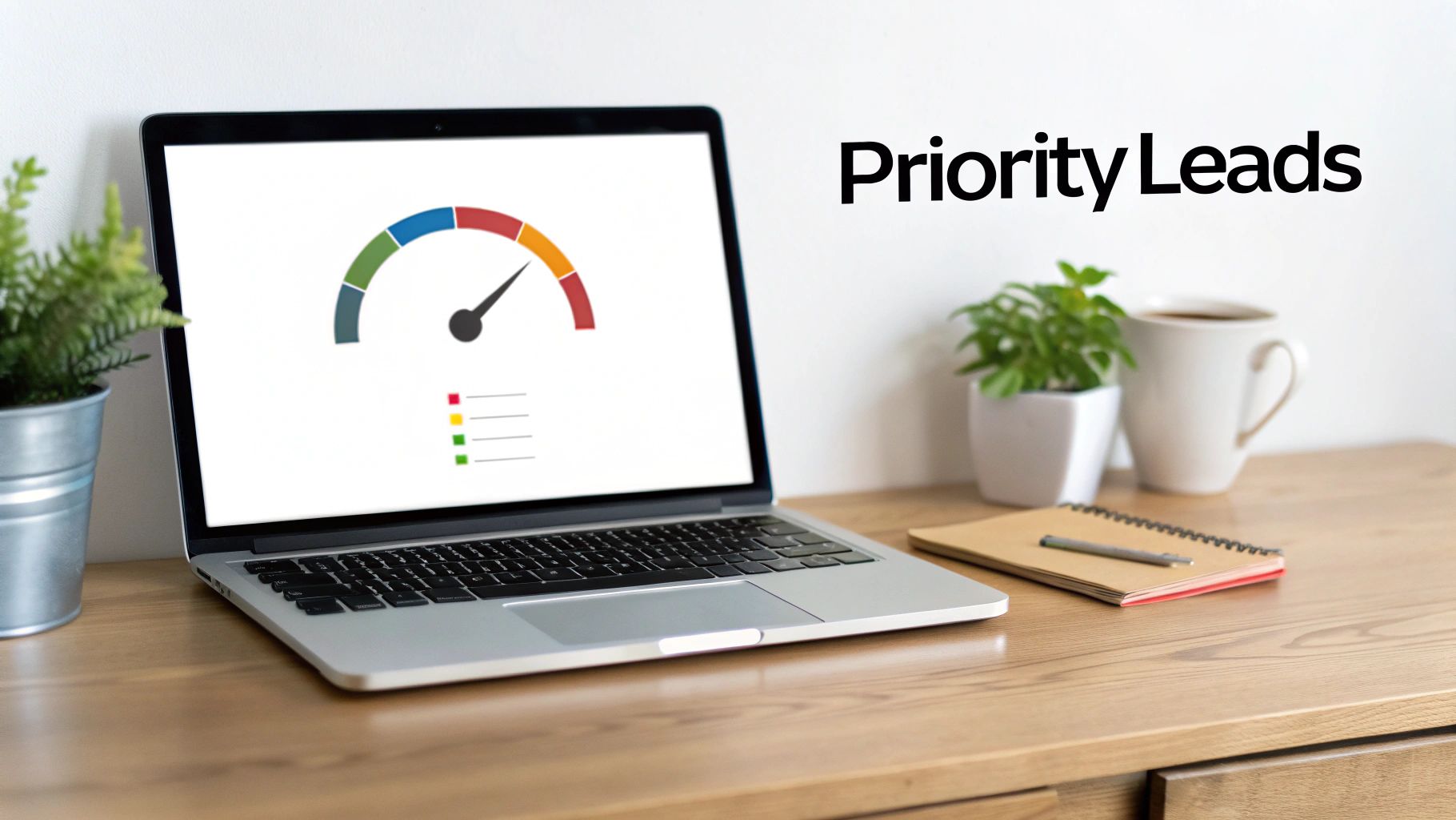 A laptop screen displays a colorful gauge for lead prioritization, with 'Priority Leads' text on a wall.