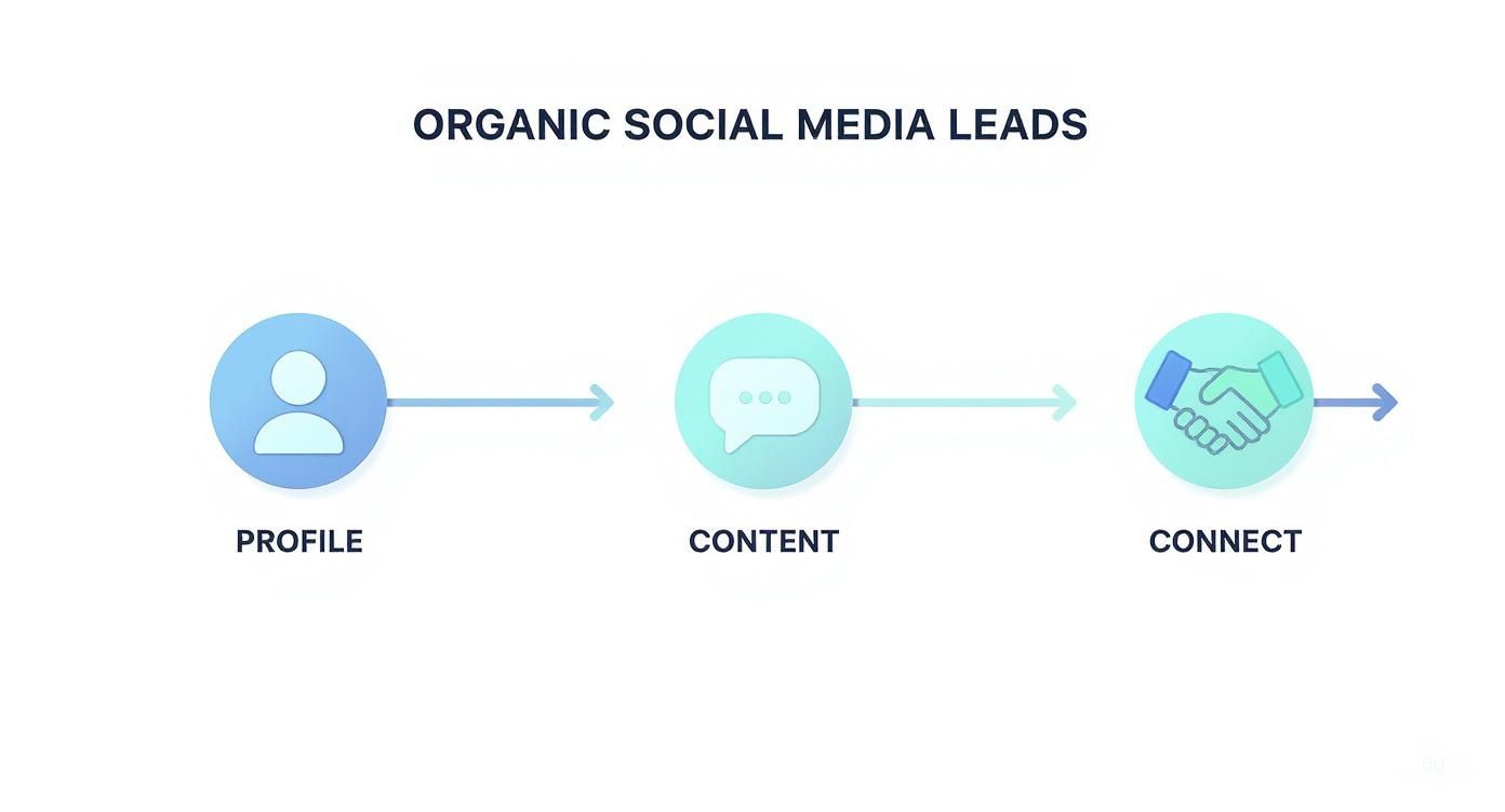 An infographic showing the process flow of organic social media leads, starting with a Profile icon, moving to a Content icon, and ending with a Connect icon.