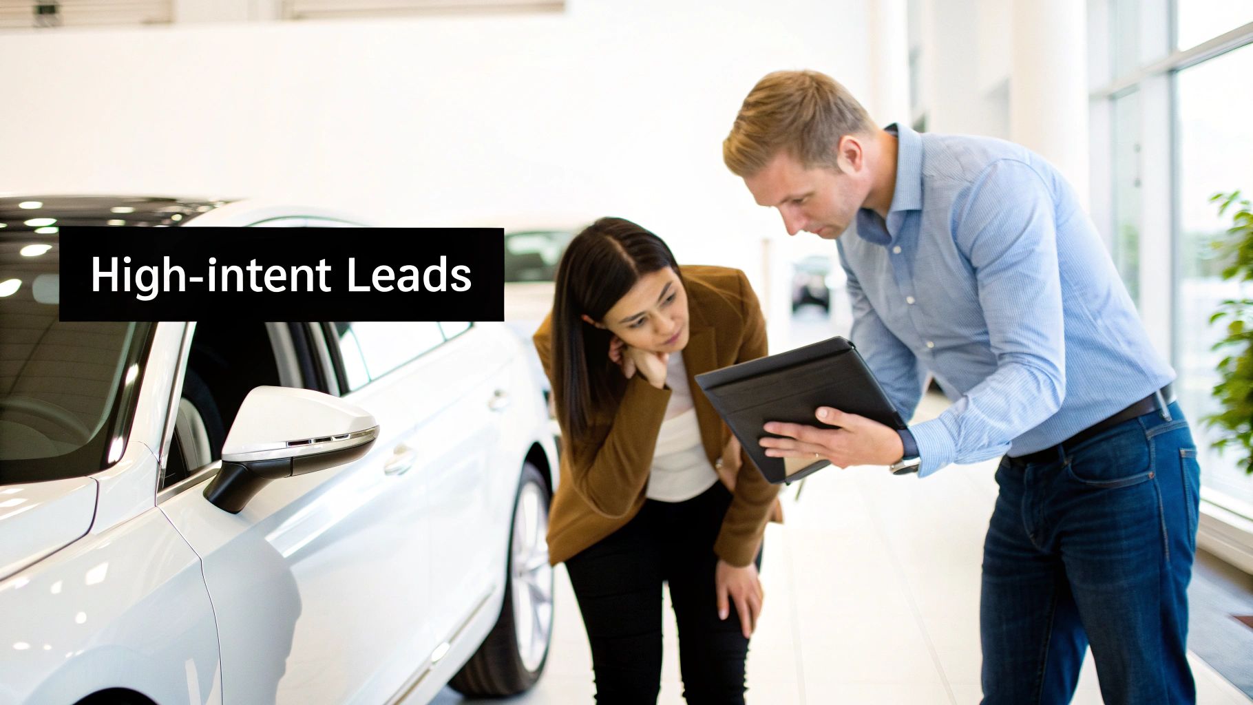 A salesperson shows a tablet to a female customer beside a white car in a bright dealership.