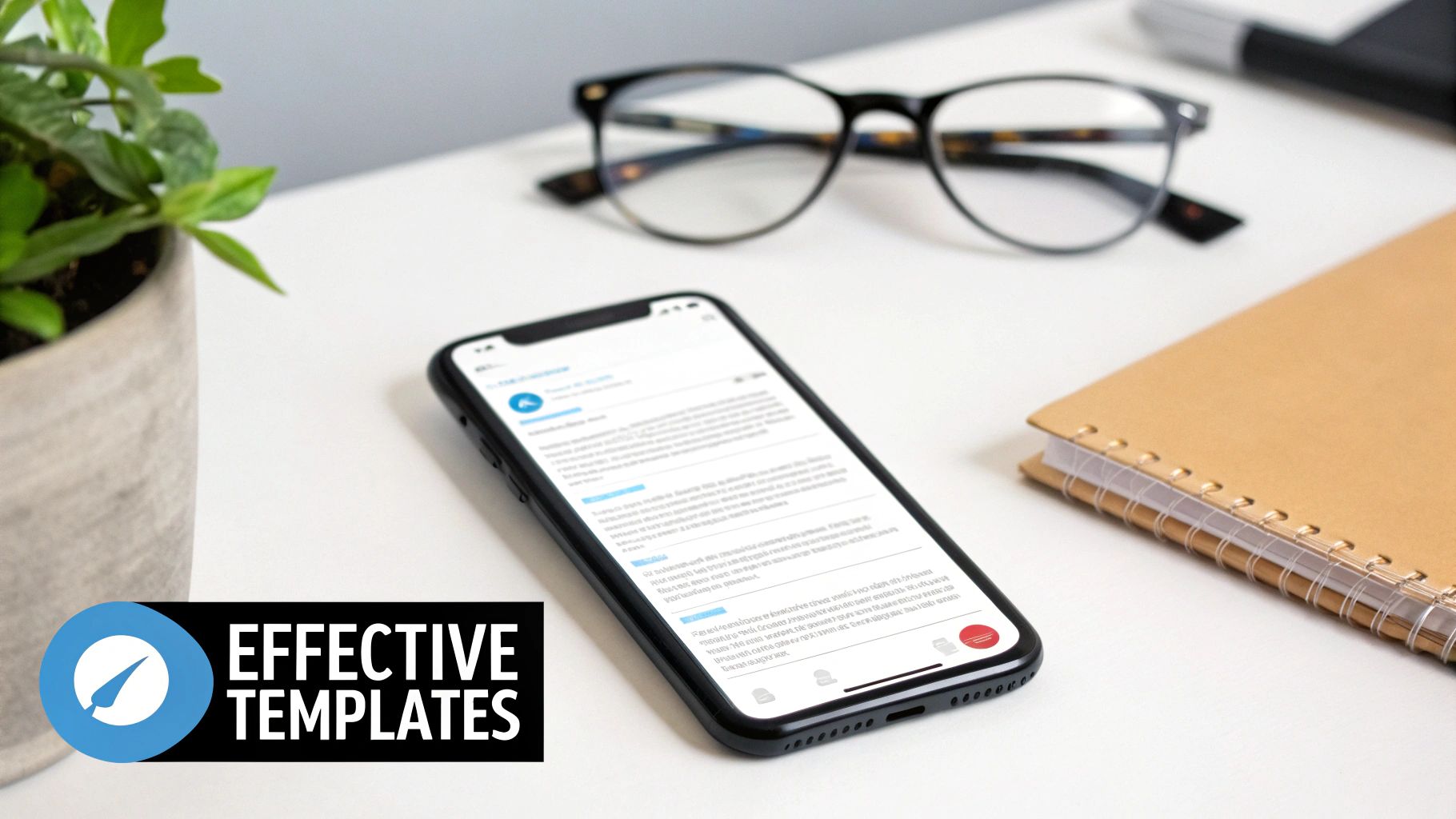 A smartphone on a white desk displaying an email template, next to glasses, a plant, and a notebook.