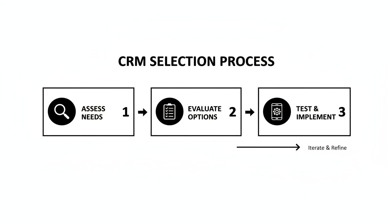 Flowchart illustrating the CRM selection process with steps: Assess Needs, Evaluate Options, Test & Implement, and Iterate & Refine.