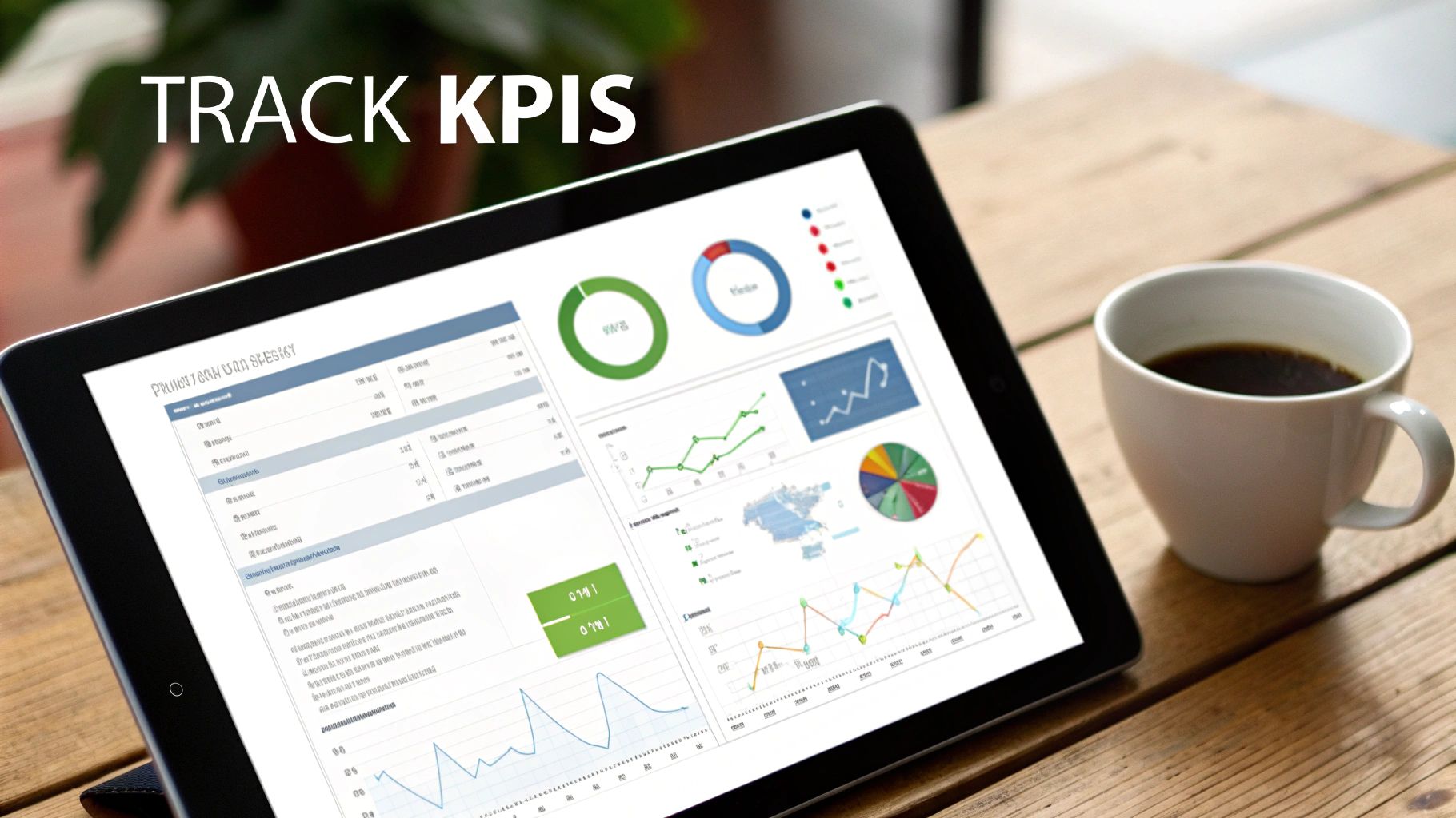 Tablet displaying business analytics charts and KPIs with a coffee cup on a wooden desk.