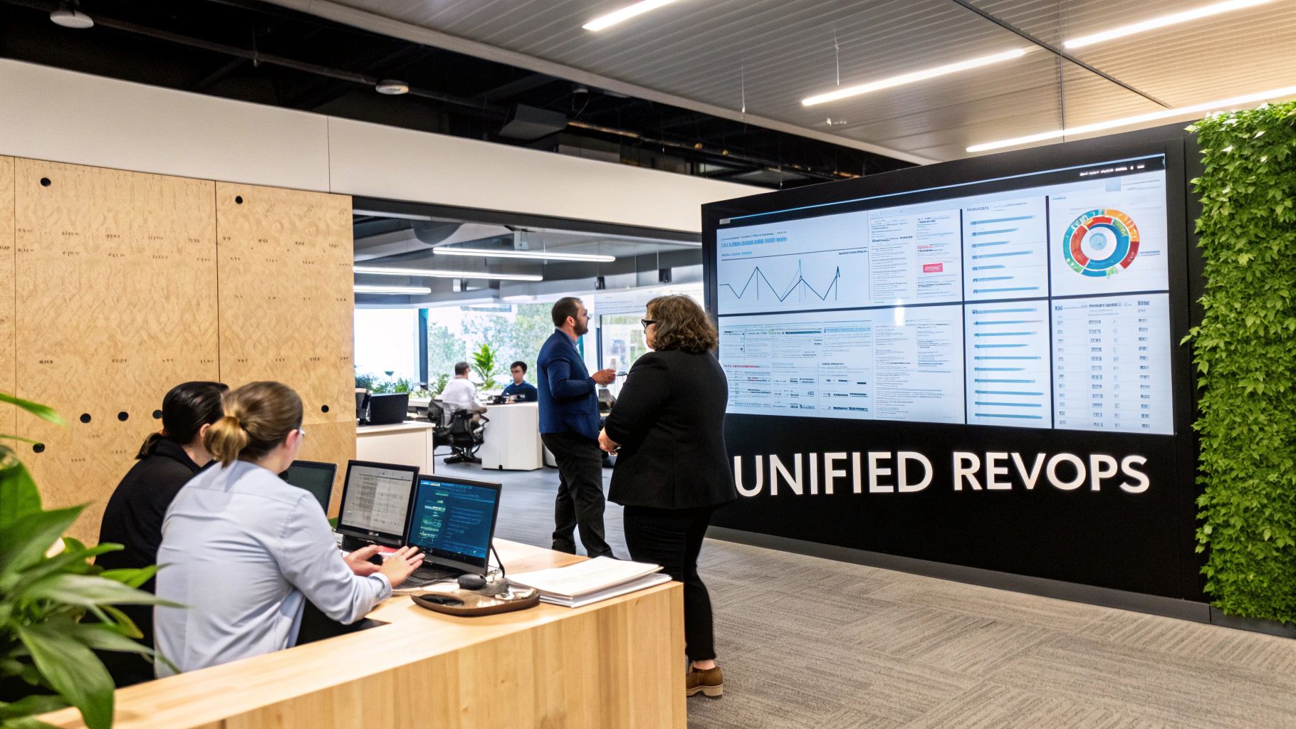 Professionals discussing data in a vibrant office, with colleagues working and a large 'UNIFIED REVOPS' screen.