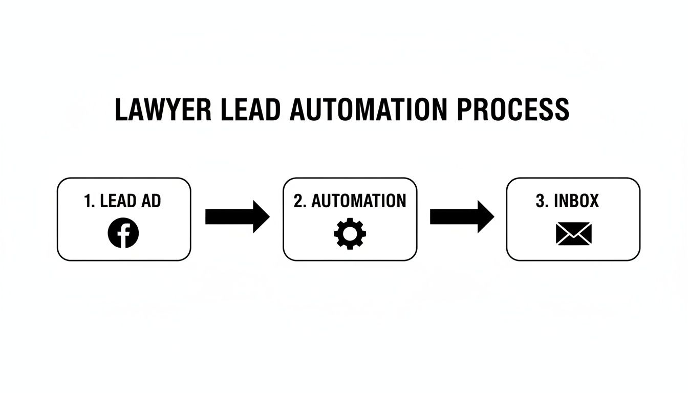Flowchart illustrating the lawyer lead automation process, from Facebook ads through automation to an inbox.