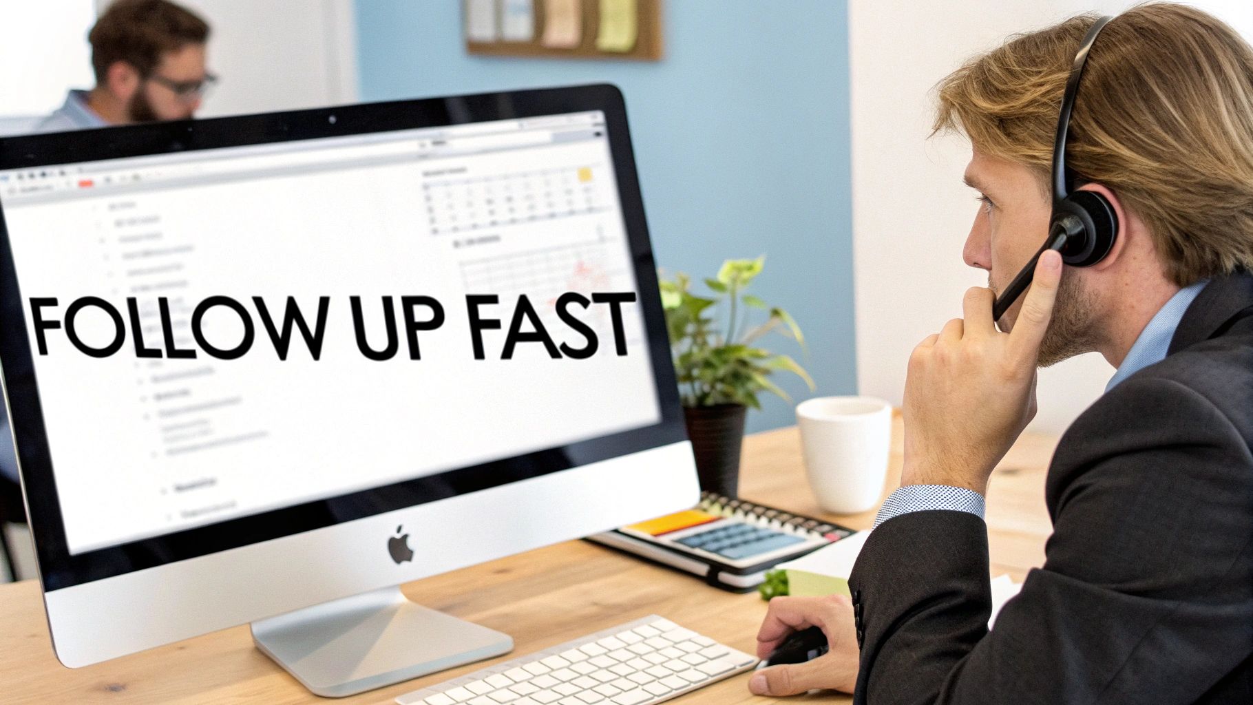 Real estate professional wearing headset making follow-up call at computer desk in modern office