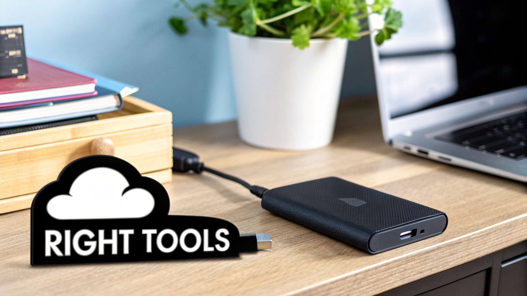 A person comparing cloud storage and a physical hard drive on a desk, symbolizing the decision-making process.
