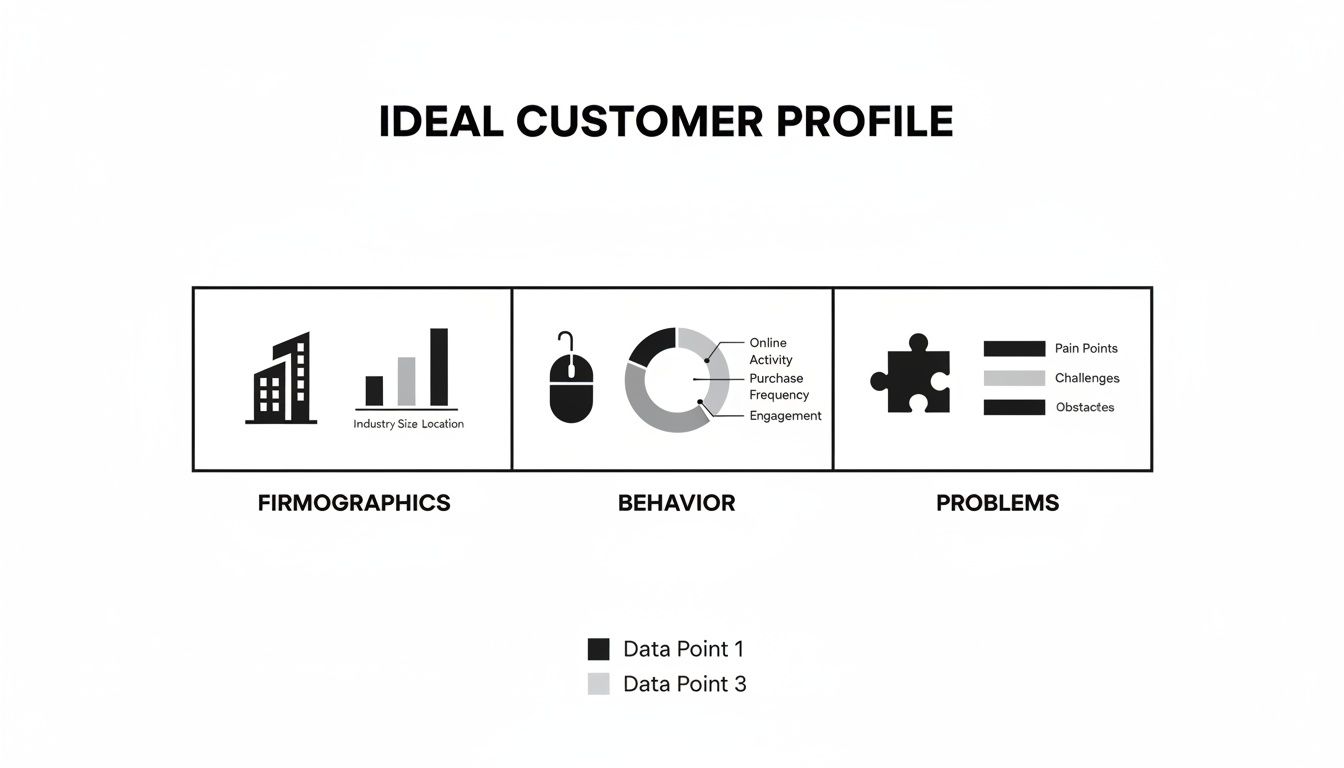 An ideal customer profile infographic detailing firmographics, behavior, and problems with icons and labels.
