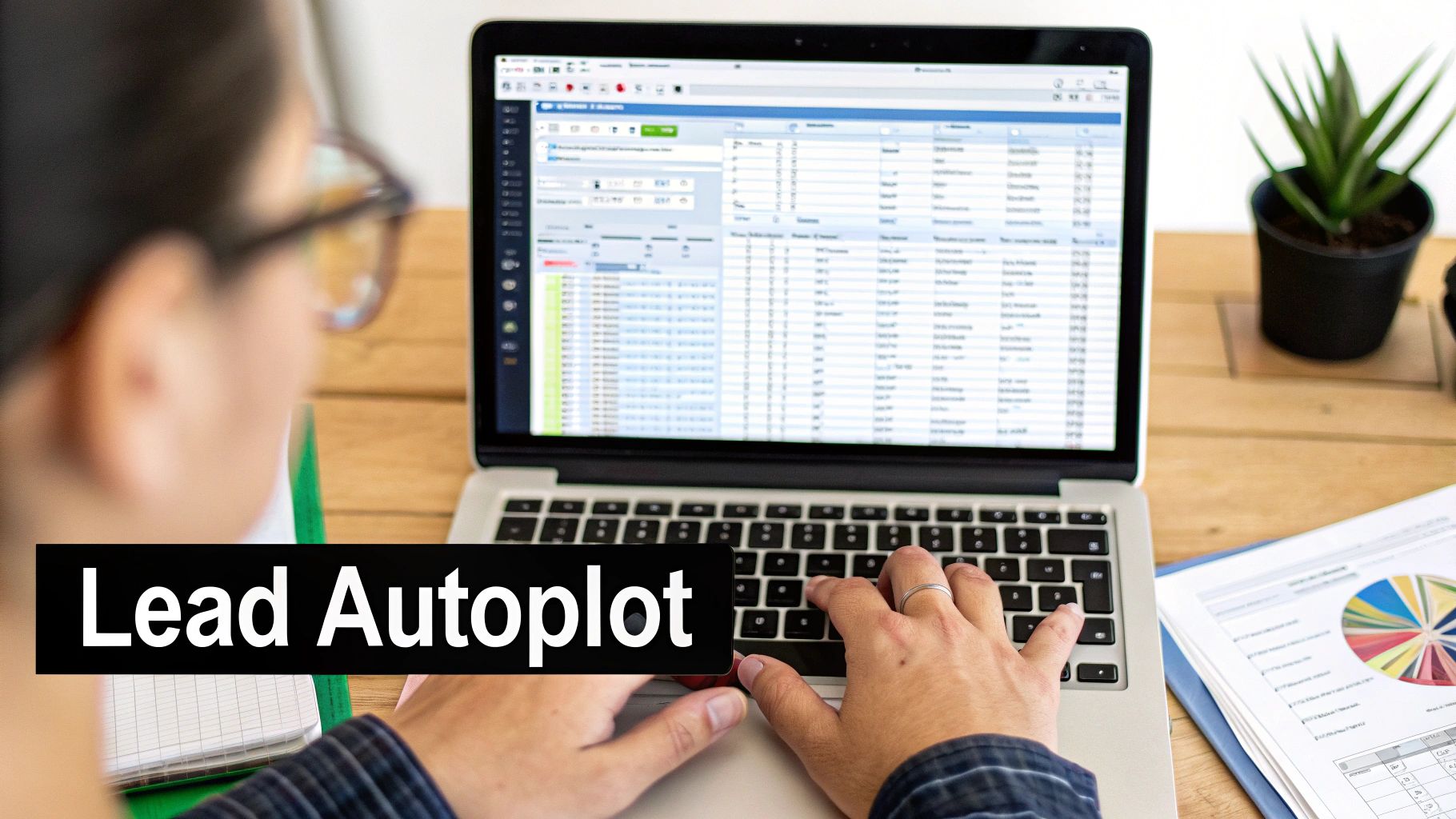 Person typing on a laptop displaying a spreadsheet, working on lead generation and data analysis.