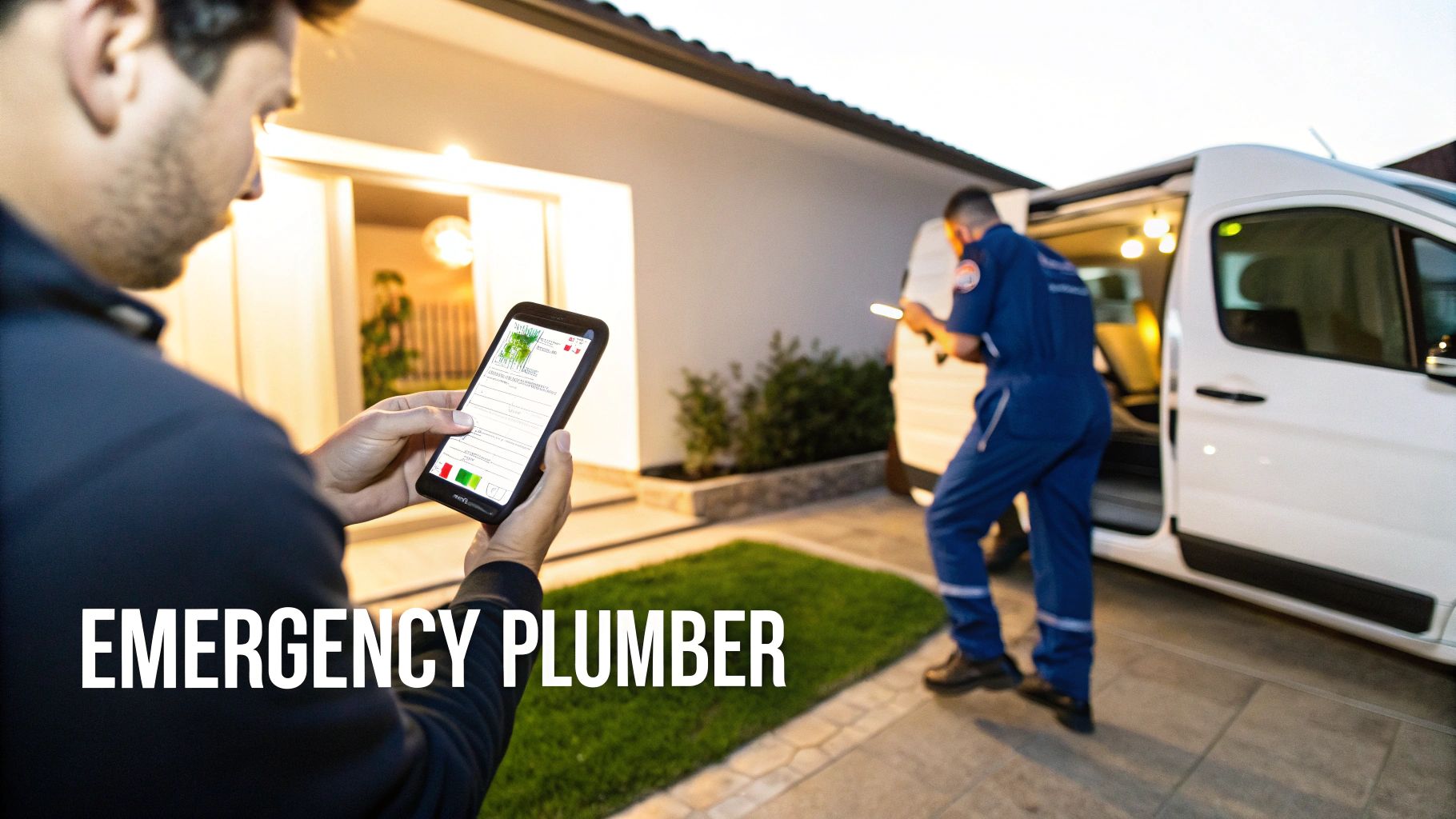 Man using a smartphone app to call an emergency plumber arriving in a van at a house.