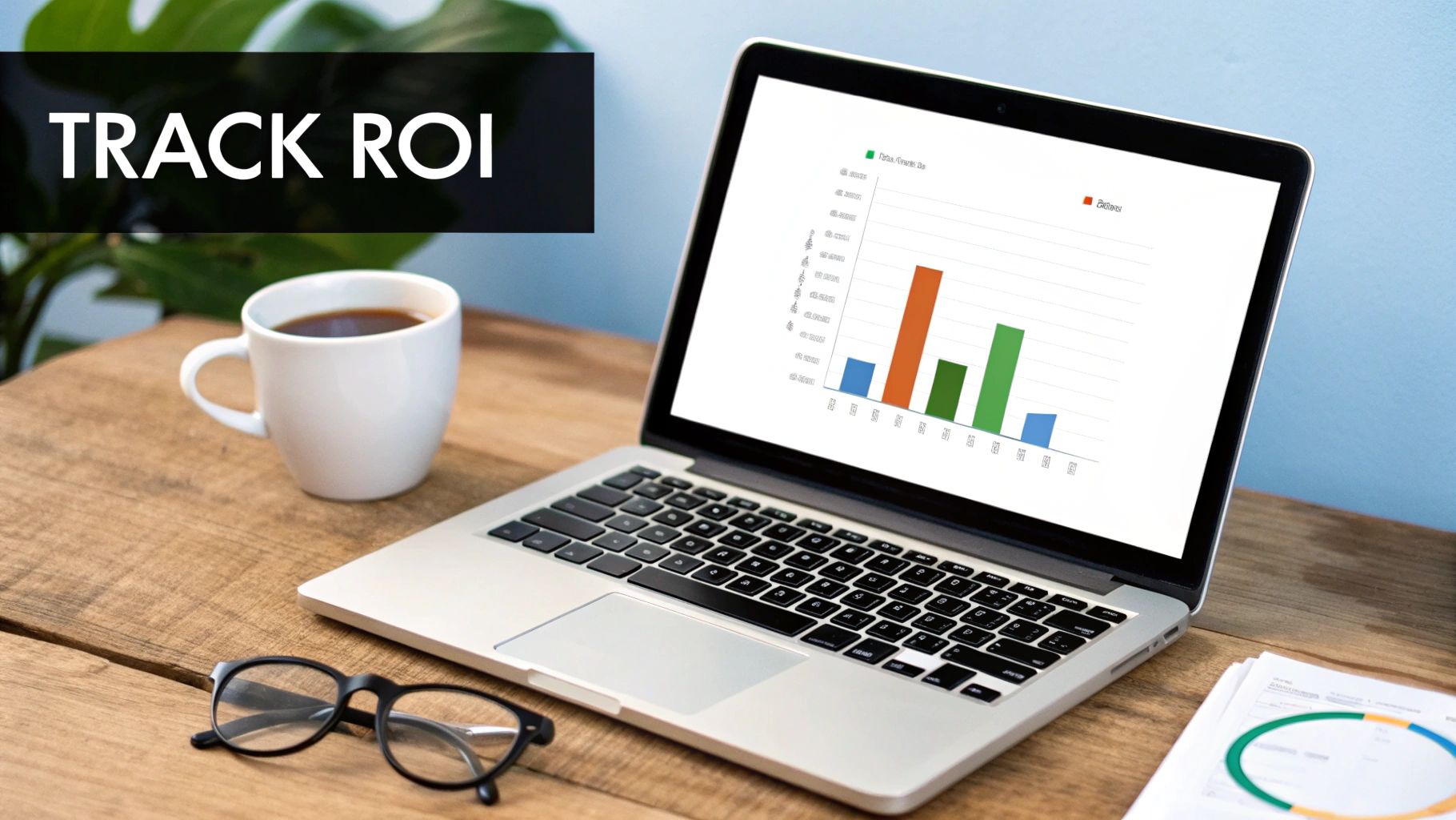 A laptop on a wooden desk displays a bar chart, with a coffee mug and glasses nearby, illustrating 'TRACK ROI'.