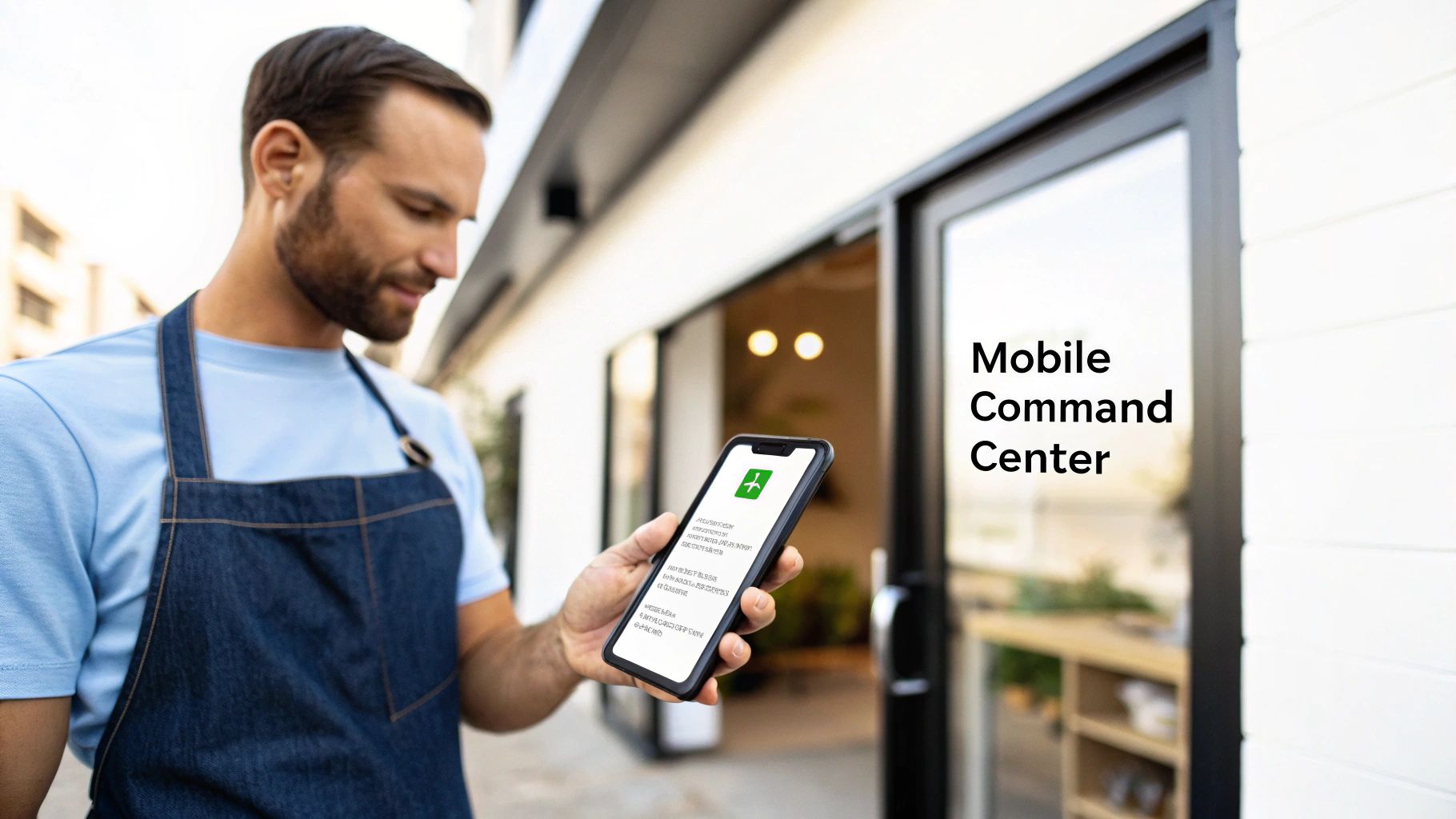 Man in apron uses smartphone showing a green plus icon, next to 'Mobile Command Center' text on a window.