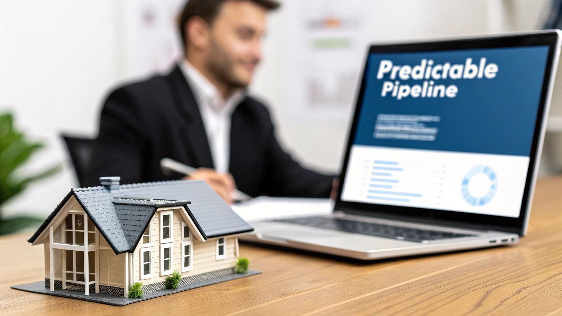 A professional reviews real estate pipeline data on a laptop next to a miniature house model.