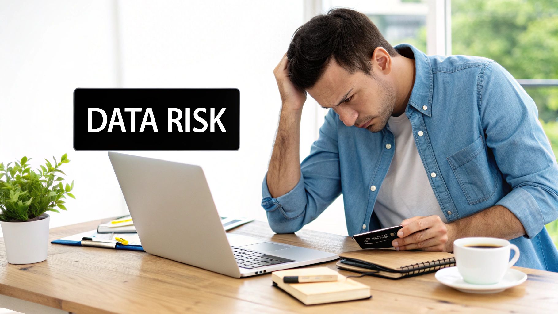 A person looking concerned at a laptop screen with a data error message, symbolizing the stress of data loss.