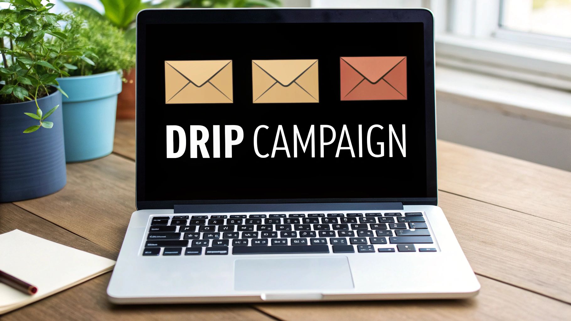 A laptop displays 'DRIP CAMPAIGN' with email icons, next to plants and a notebook on a wooden desk.