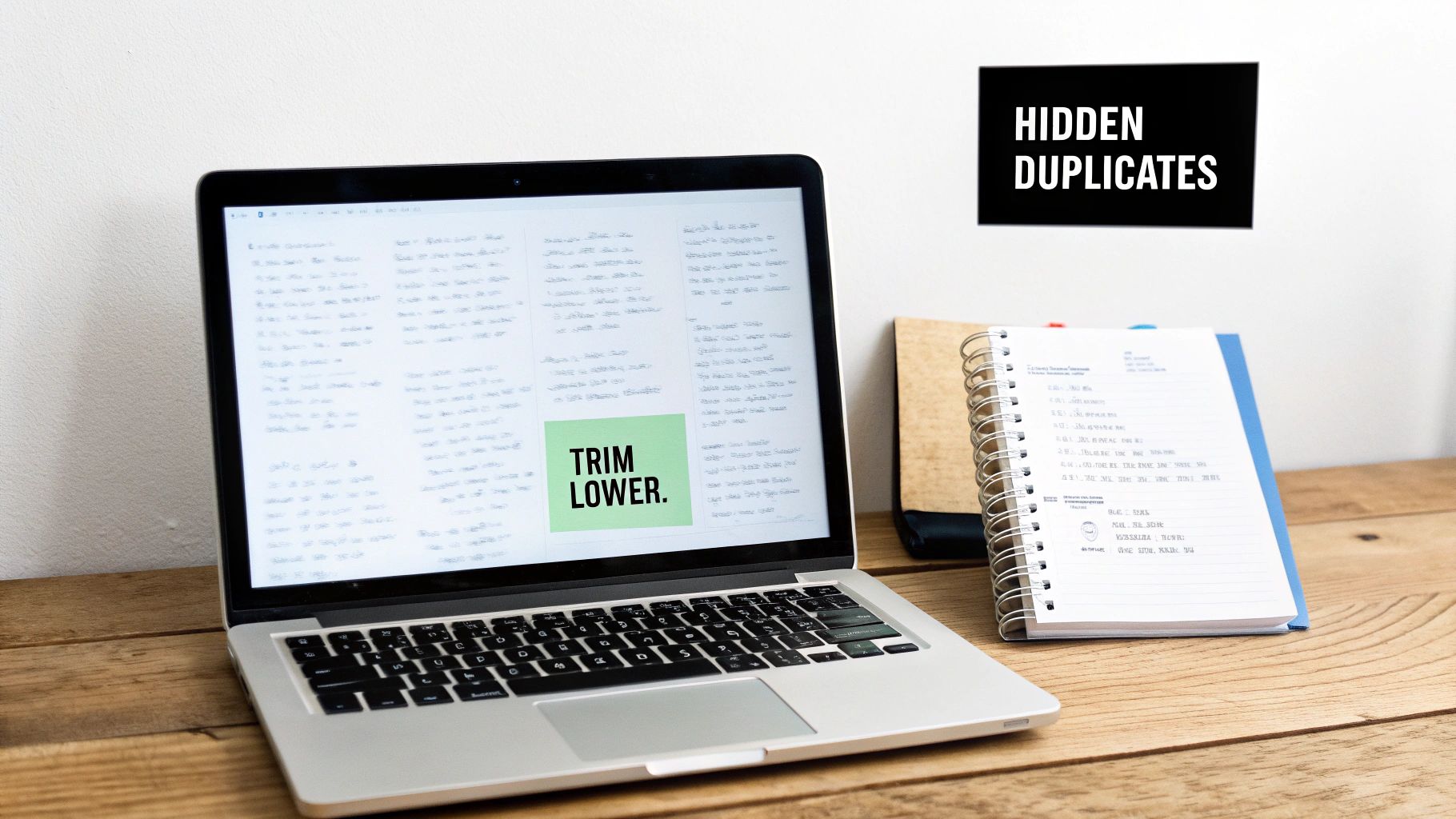 A laptop and notebook on a wooden desk, displaying 'TRIM LOWER' and 'HIDDEN DUPLICATES'.