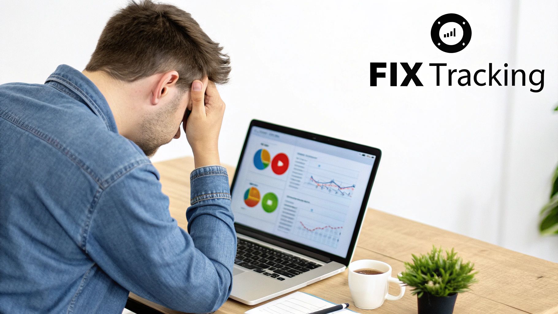 A man looks stressed while reviewing performance data and charts on a laptop, with 'FIX Tracking' visible.