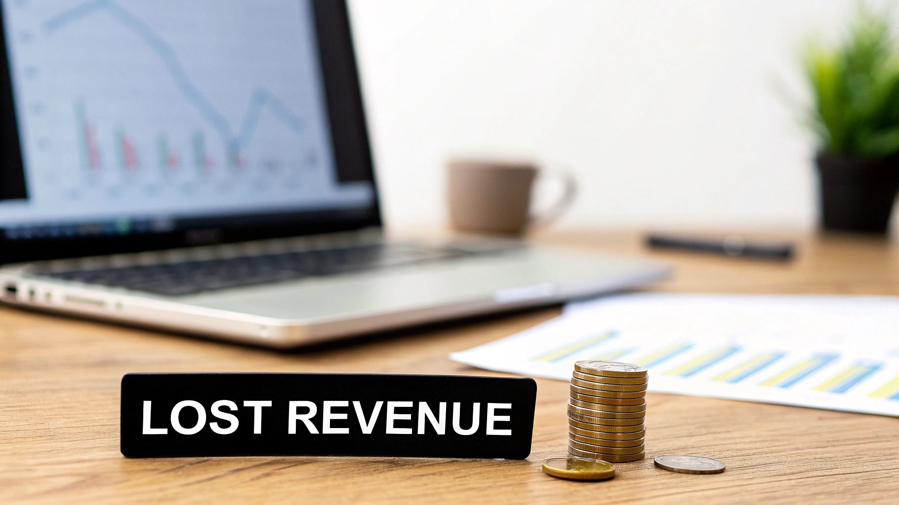 A desk with a laptop showing a declining graph, a 'LOST REVENUE' sign, and a stack of coins.