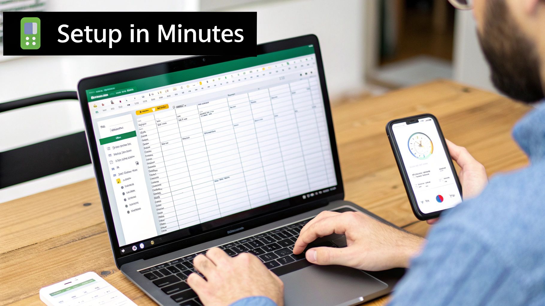 A person uses a laptop displaying a spreadsheet and holds a smartphone with a time-tracking app.