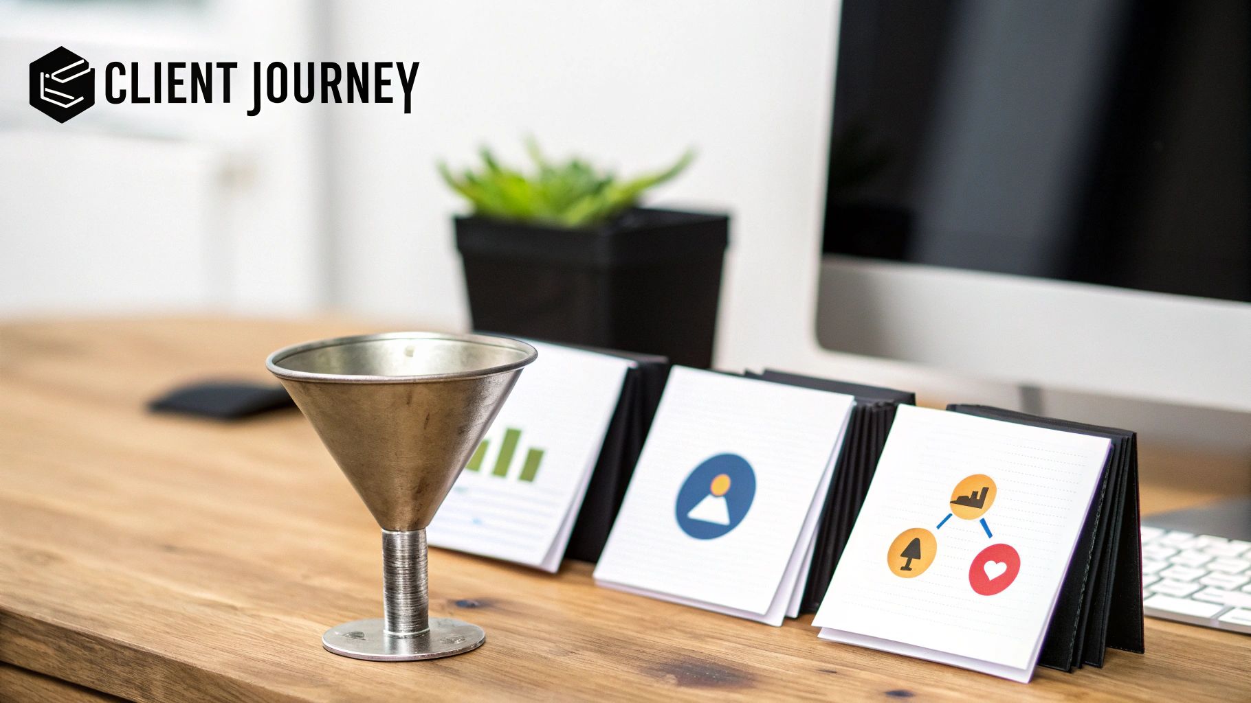 A metal funnel and flip books showing business charts and icons on a wooden office desk.