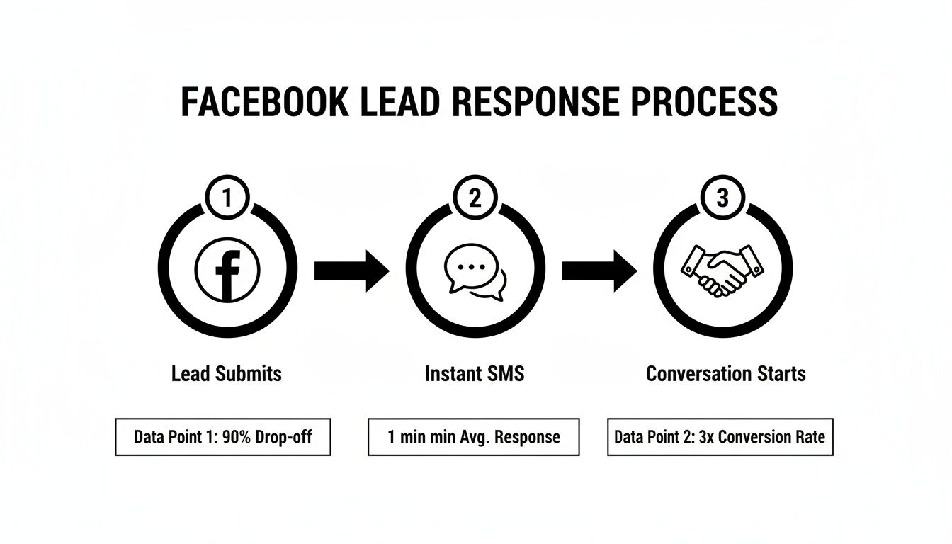 Diagram showing the Facebook lead response process from submission, instant SMS, to conversation, with key data points.