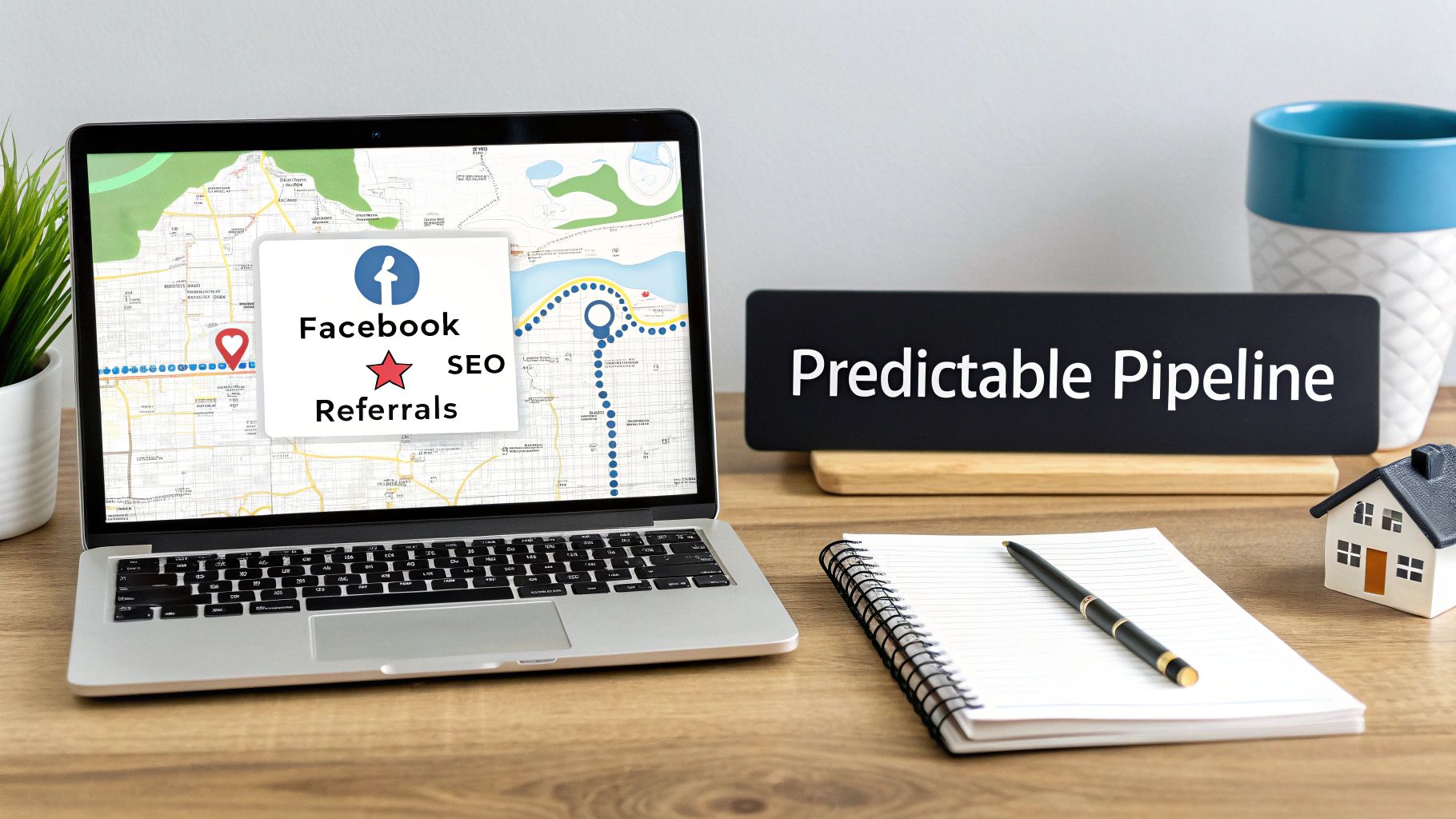 Laptop displaying real estate marketing strategies with Facebook, SEO, and referrals on desk workspace