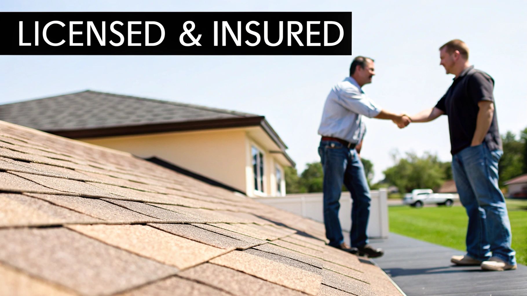 Two licensed and insured roofers shake hands on a residential roof, symbolizing trust and quality service.