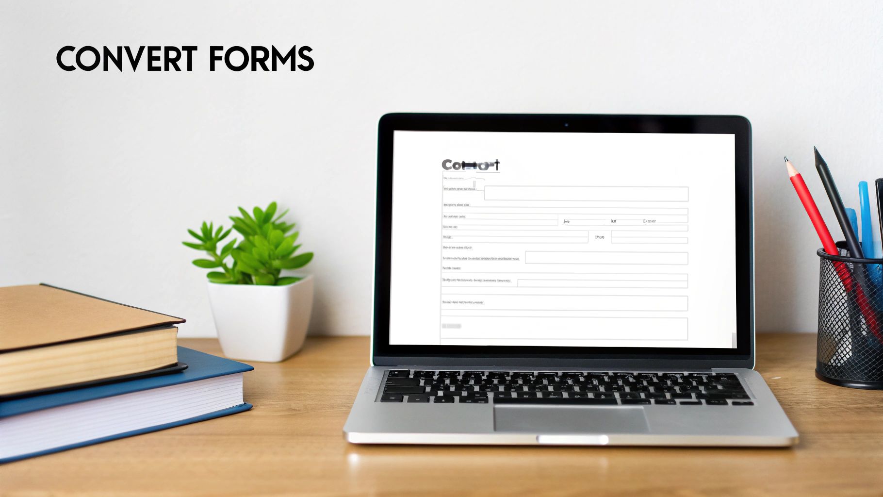 A laptop displays a digital form on a wooden desk with books and a plant, and 'CONVERT FORMS' text on the wall.