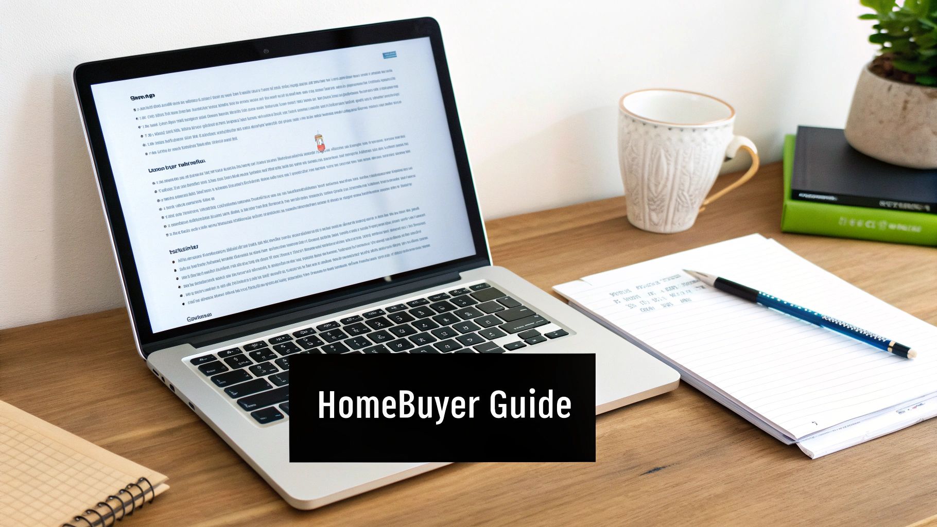 Laptop displaying homebuyer guide document on wooden desk with coffee mug and notebook