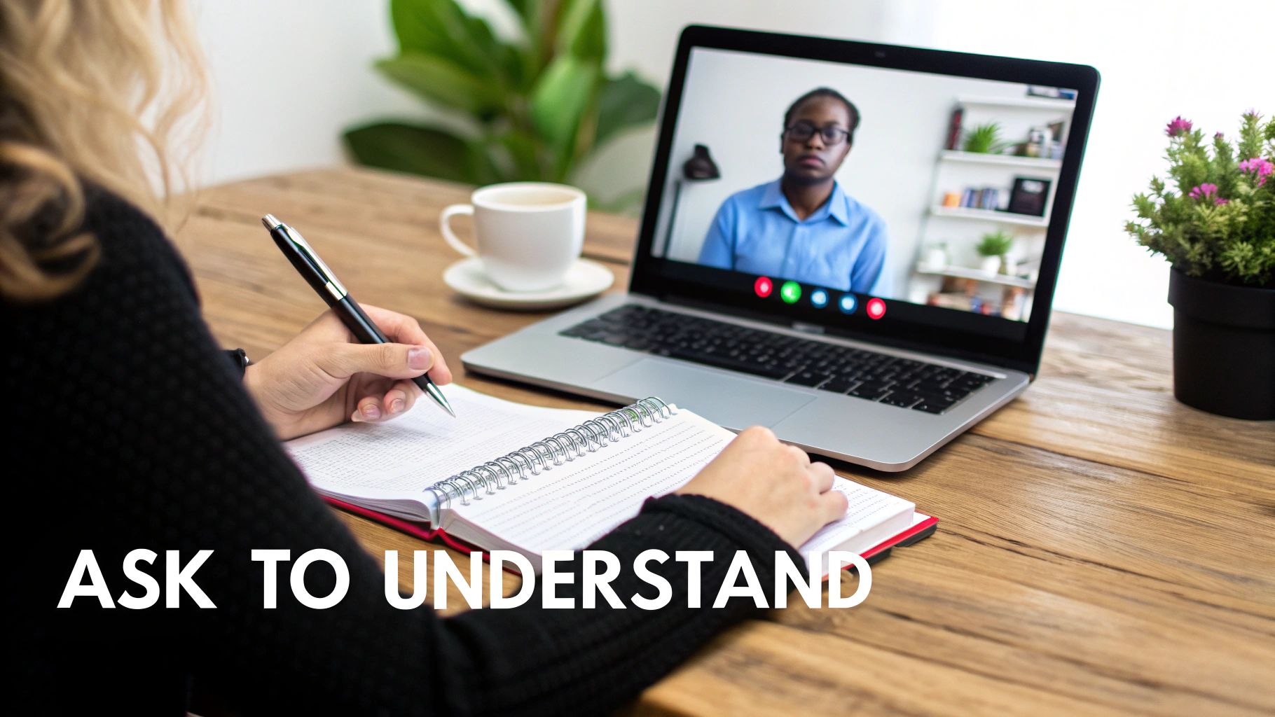 A person takes notes from a video call on a laptop, with a coffee and plant nearby.