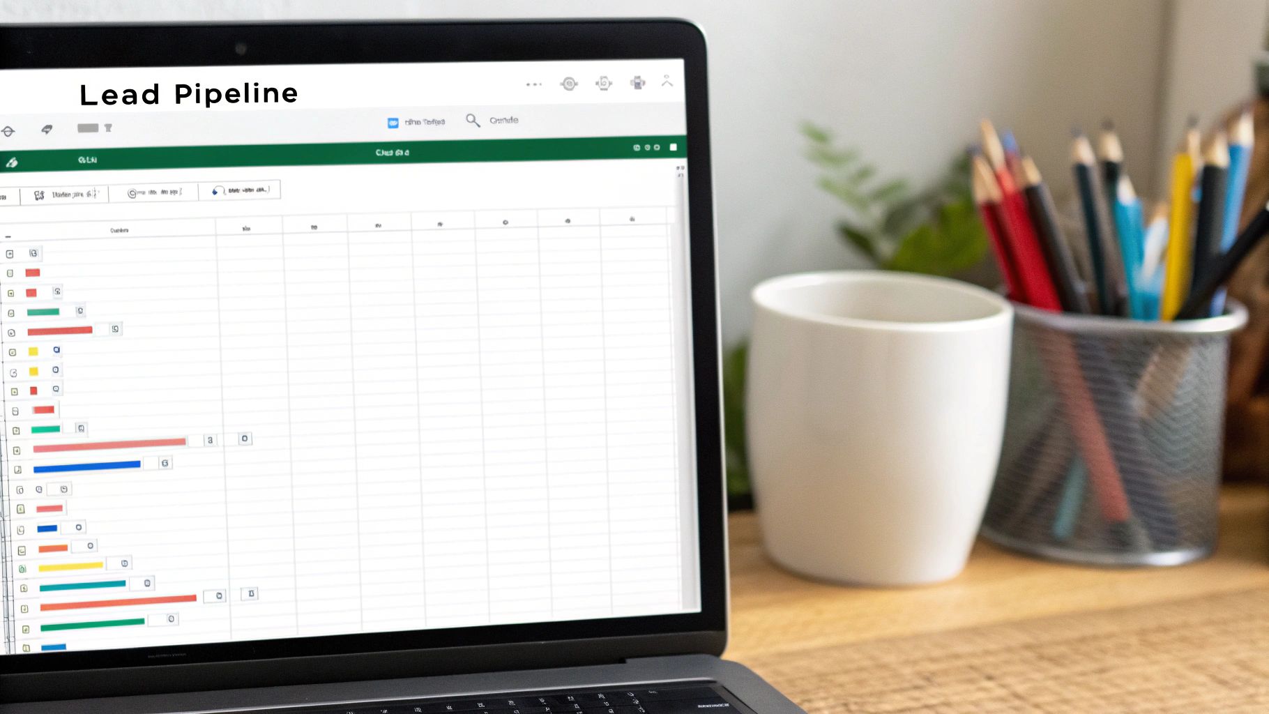 A laptop displays a "Lead Pipeline" spreadsheet with colorful bar charts, next to a mug and pencils.