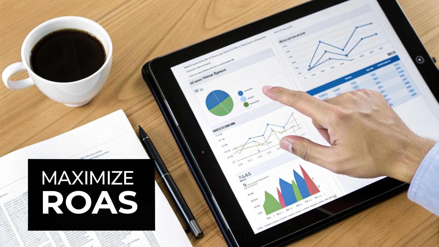 A hand touches a tablet displaying business charts and 'MAXIMIZE ROAS' text, with coffee and a pen.