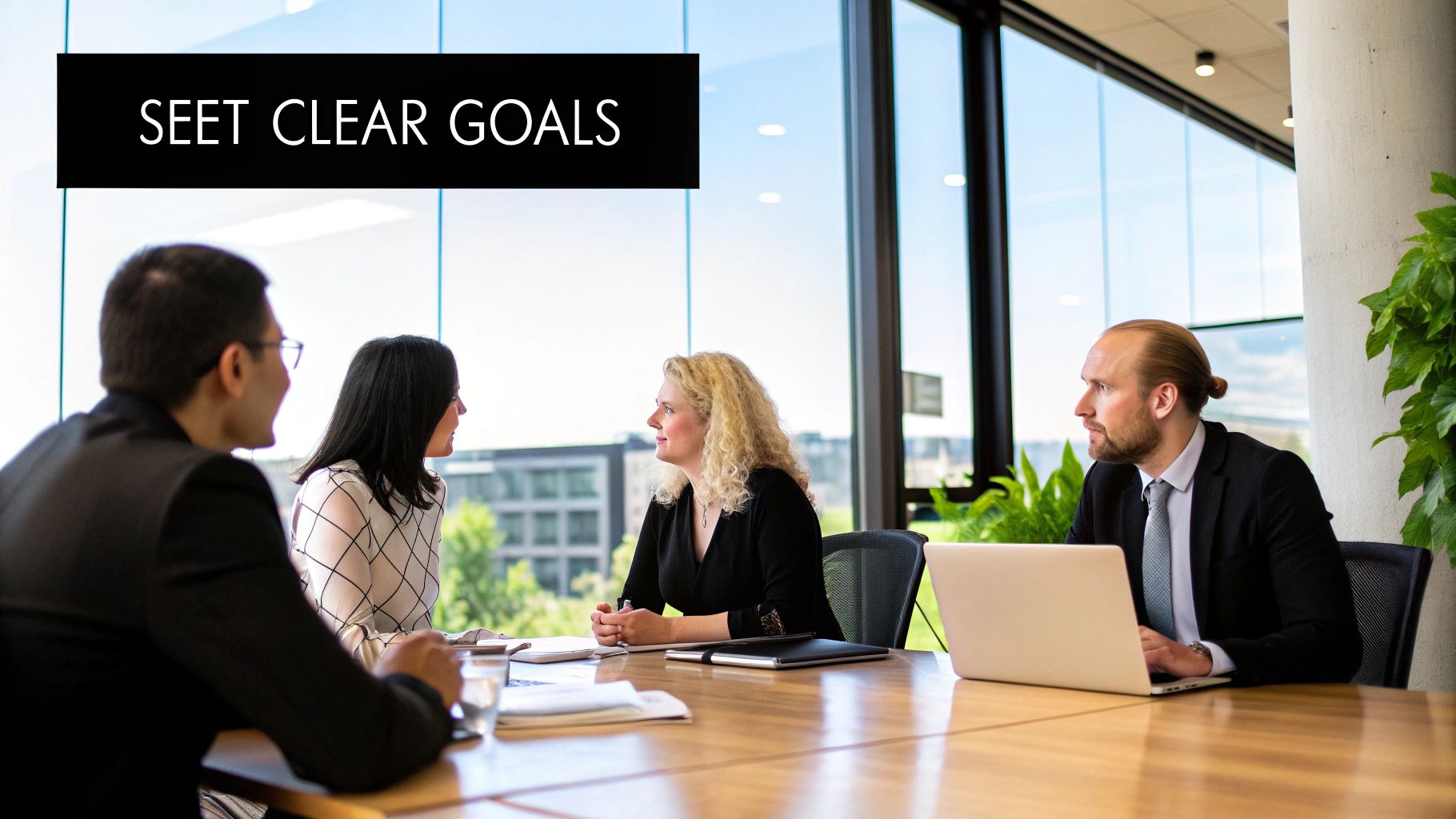 A team collaborating on a marketing automation flowchart on a glass wall
