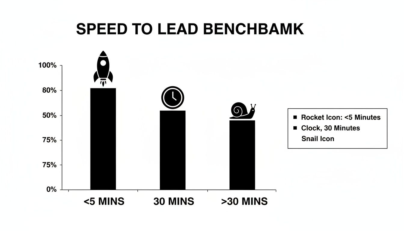 Bar chart showing lead contact speed benchmarks across less than 5 minutes, 30 minutes, and over 30 minutes.