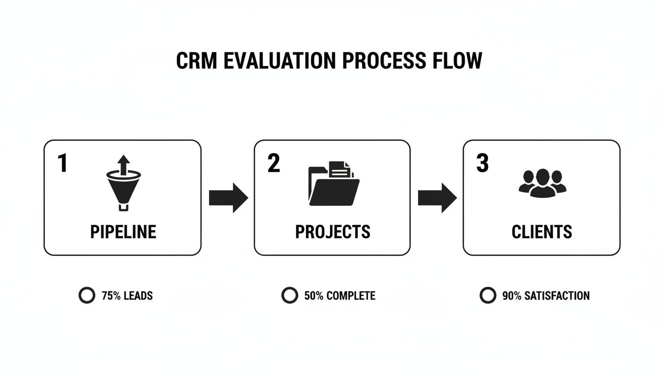 Flowchart illustrating a CRM evaluation process: Pipeline (75% Leads), Projects (50% Complete), Clients (90% Satisfaction).