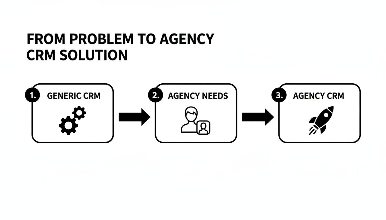 Diagram showing the evolution from generic CRM to an agency-specific CRM solution addressing needs.