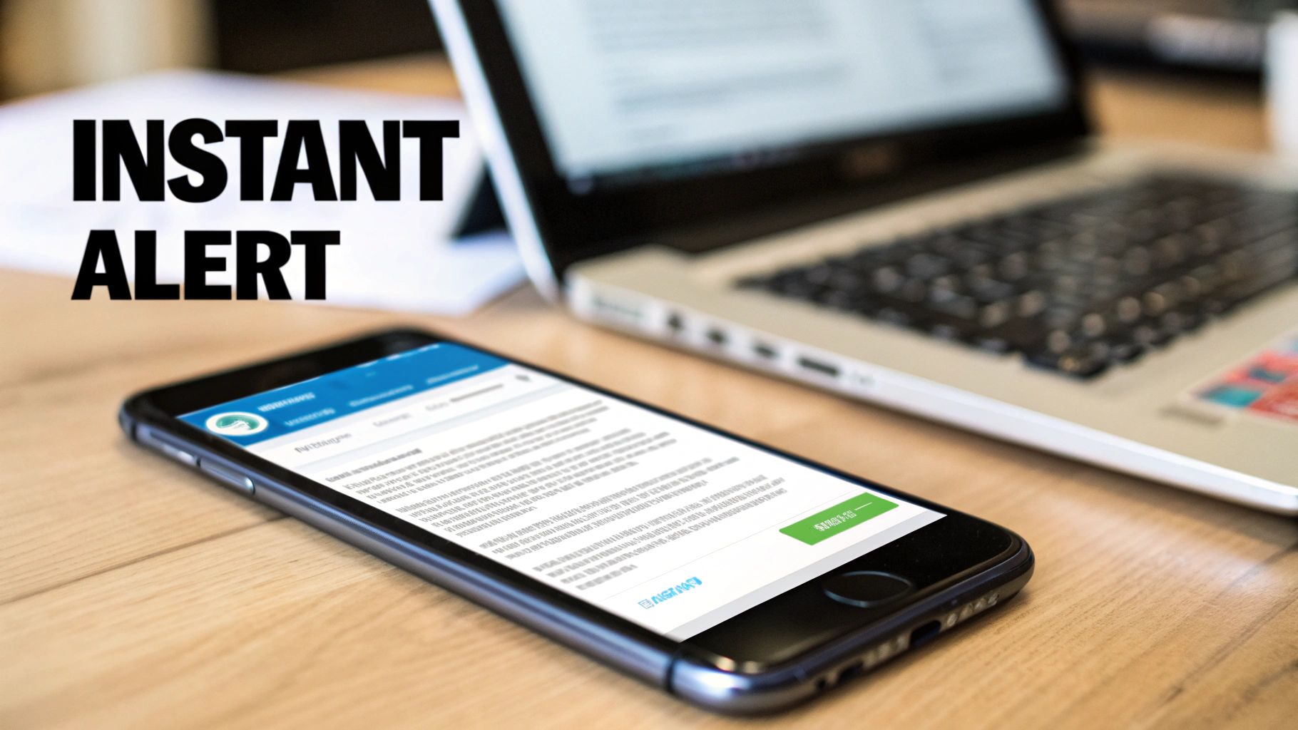 A smartphone on a wooden desk displays an 'Instant Alert', with a laptop in the background.