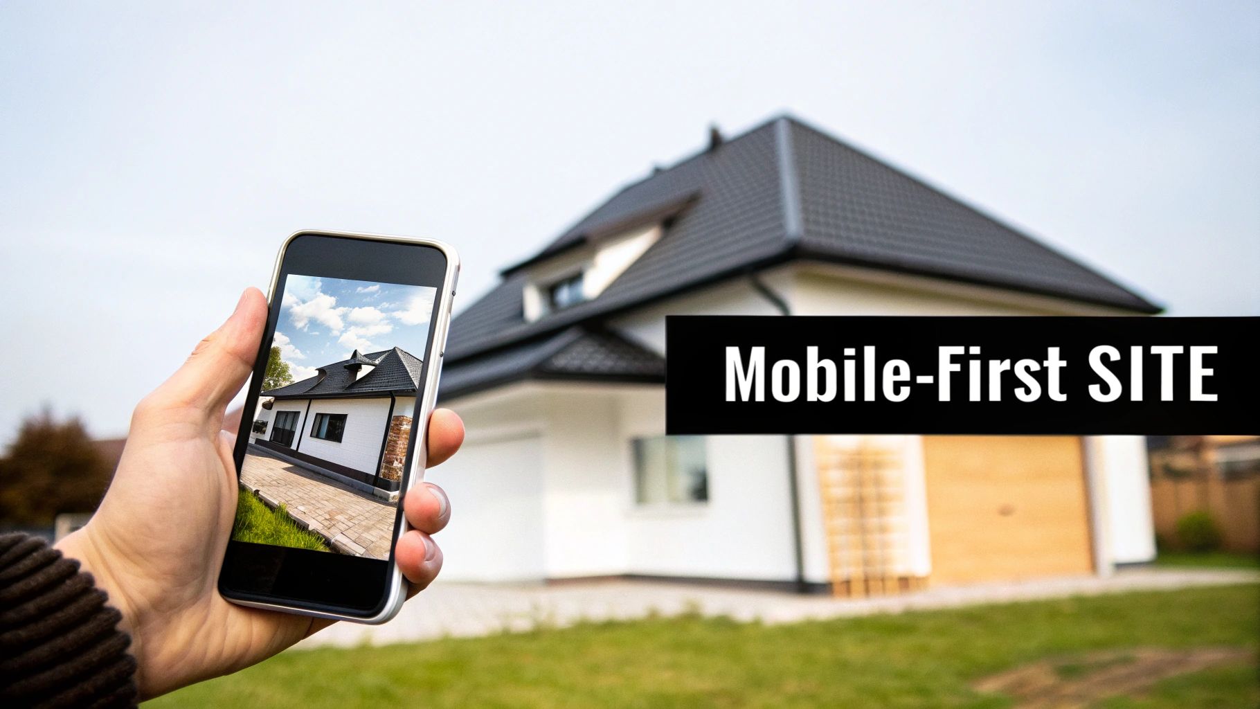 A hand holds a smartphone displaying a modern house, with a similar house in the background. A banner reads 'Mobile-First SITE'.