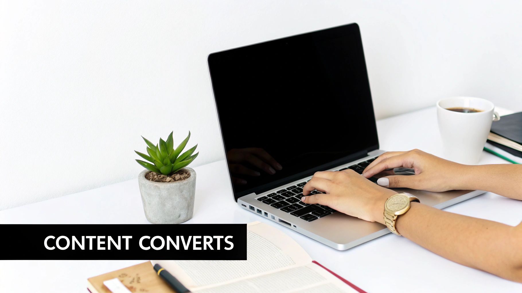 A person writing on a laptop with charts and graphs in the background, representing content creation for lead generation.