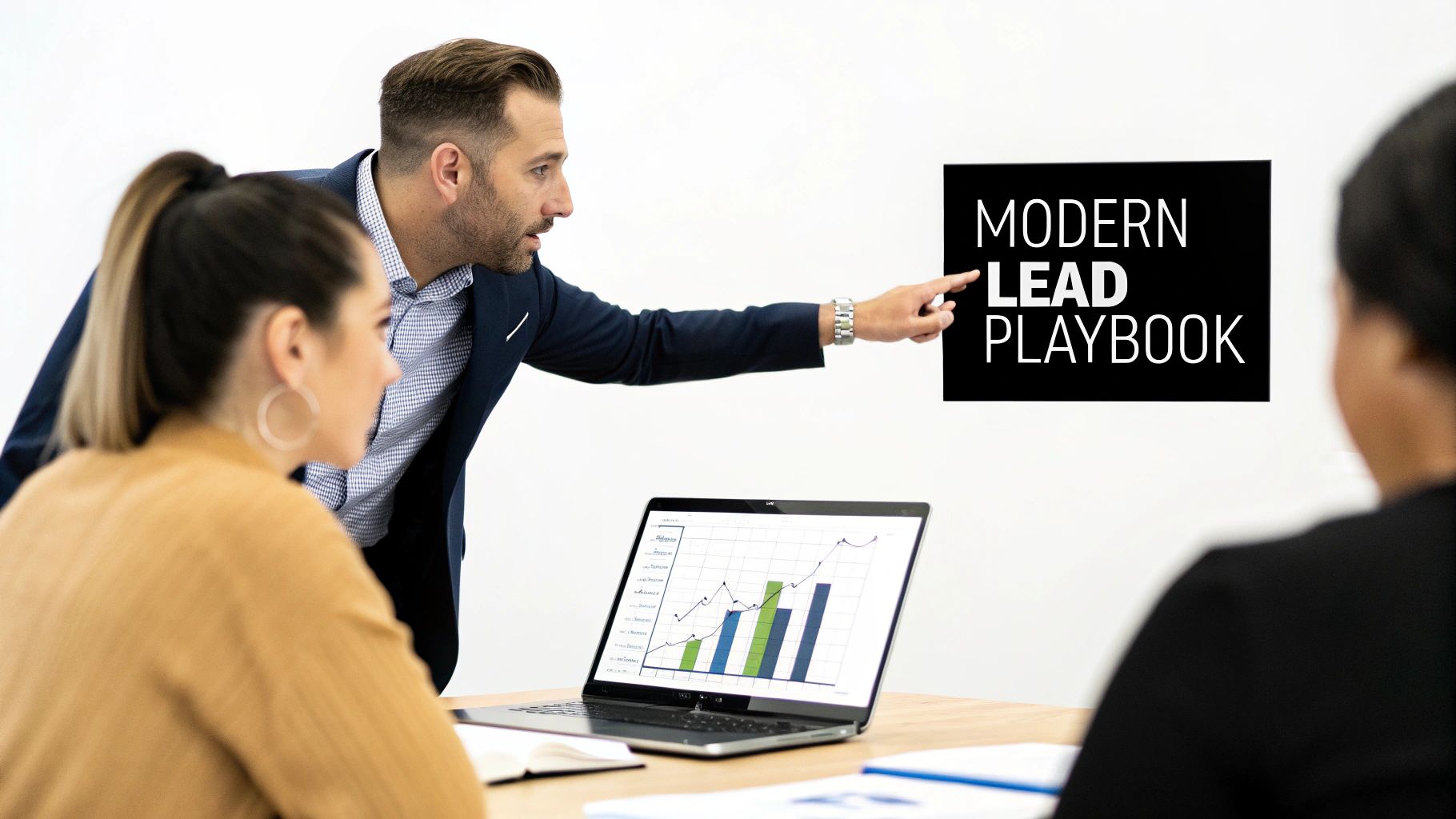 A man points to a 'MODERN LEAD PLAYBOOK' sign during a business meeting with a laptop displaying growth charts.