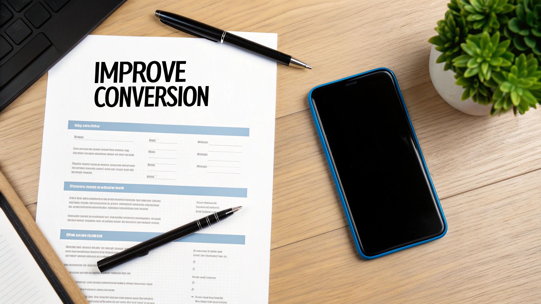 A white document on a wooden desk displaying 'IMPROVE CONVERSION' text, with a pen, smartphone, and keyboard.