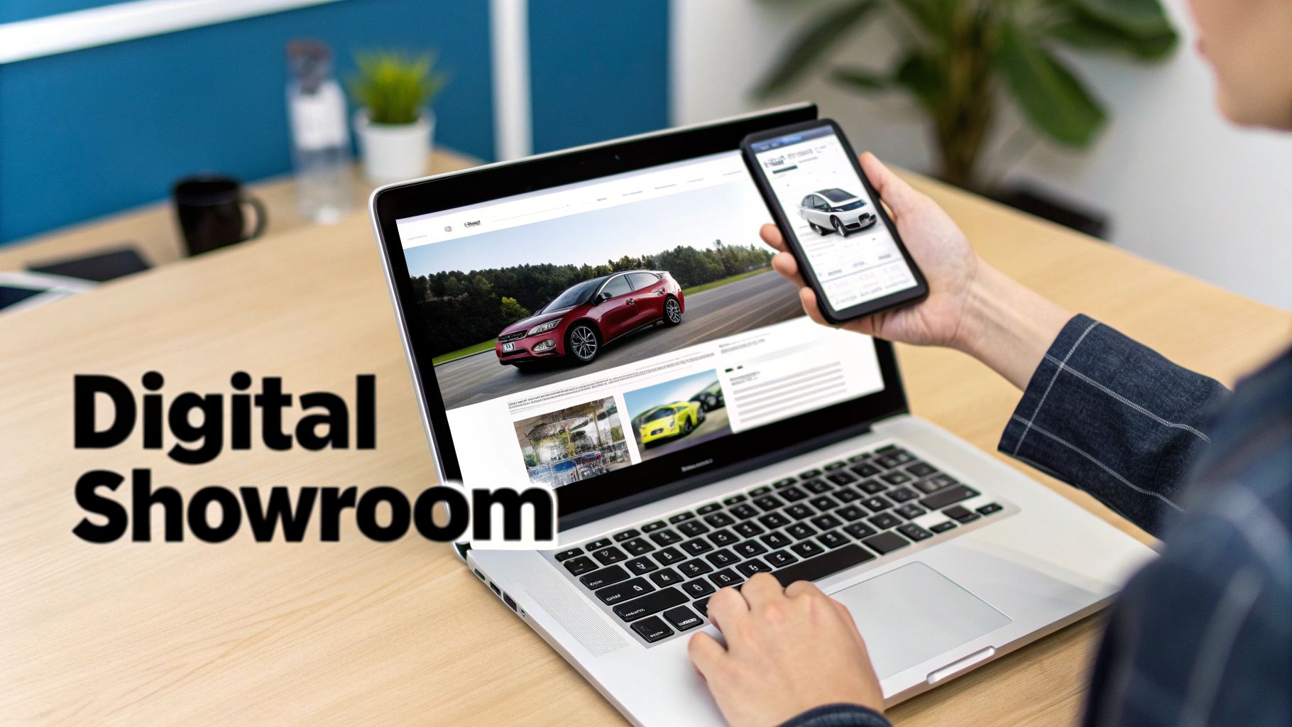 A modern car dealership with large glass windows and several cars on display