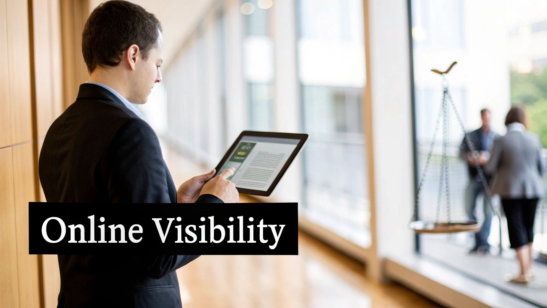 A man in a suit uses a tablet in a modern office, with a blurred scale of justice in the background.