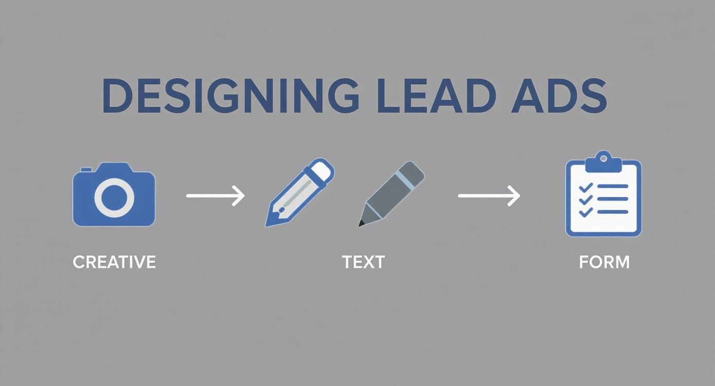 Diagram outlining the three steps to design lead ads: creative, text, and form completion.