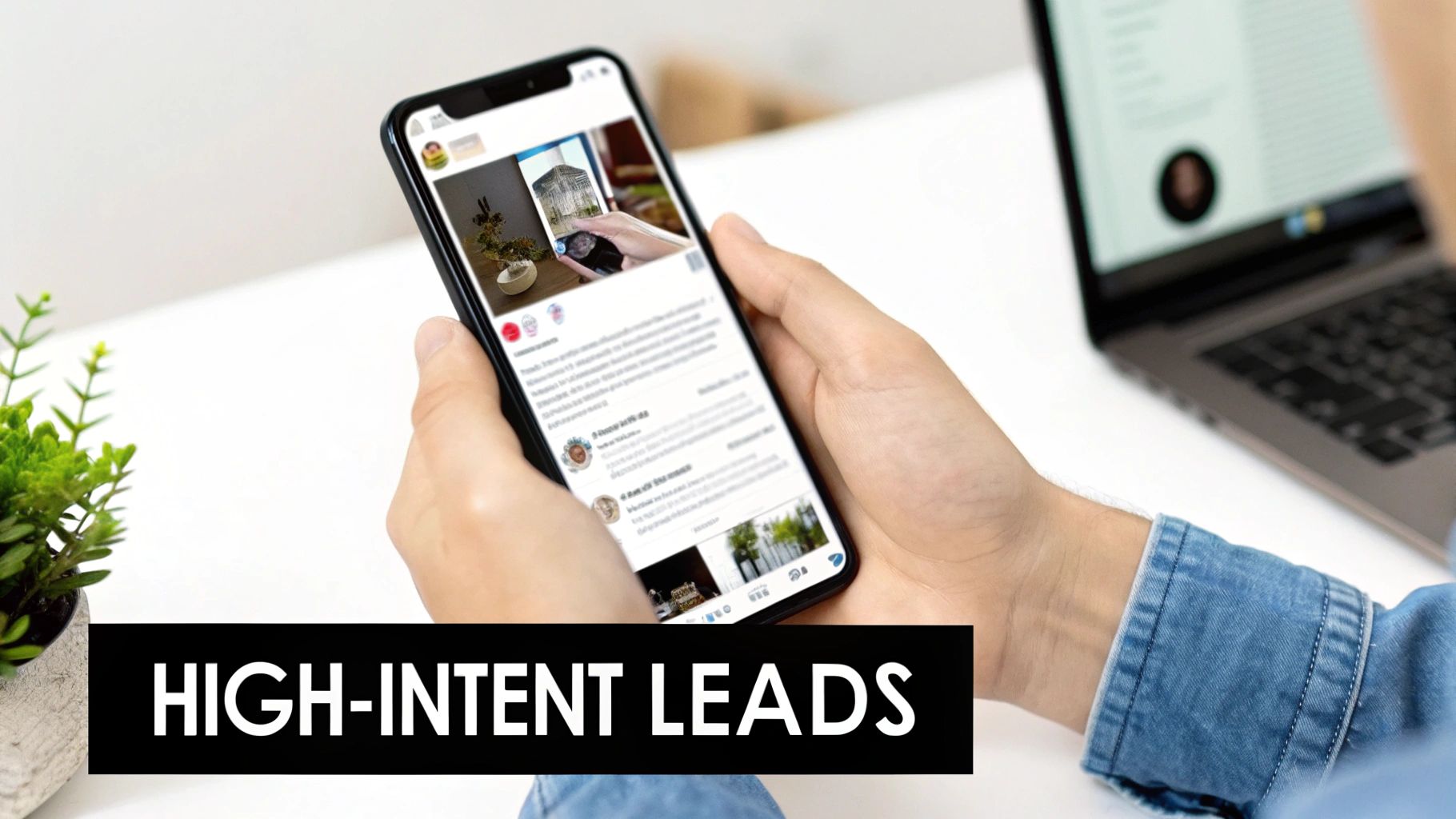 Close-up of hands holding a smartphone displaying social media content, with a laptop and a plant in the background, promoting high-intent leads.