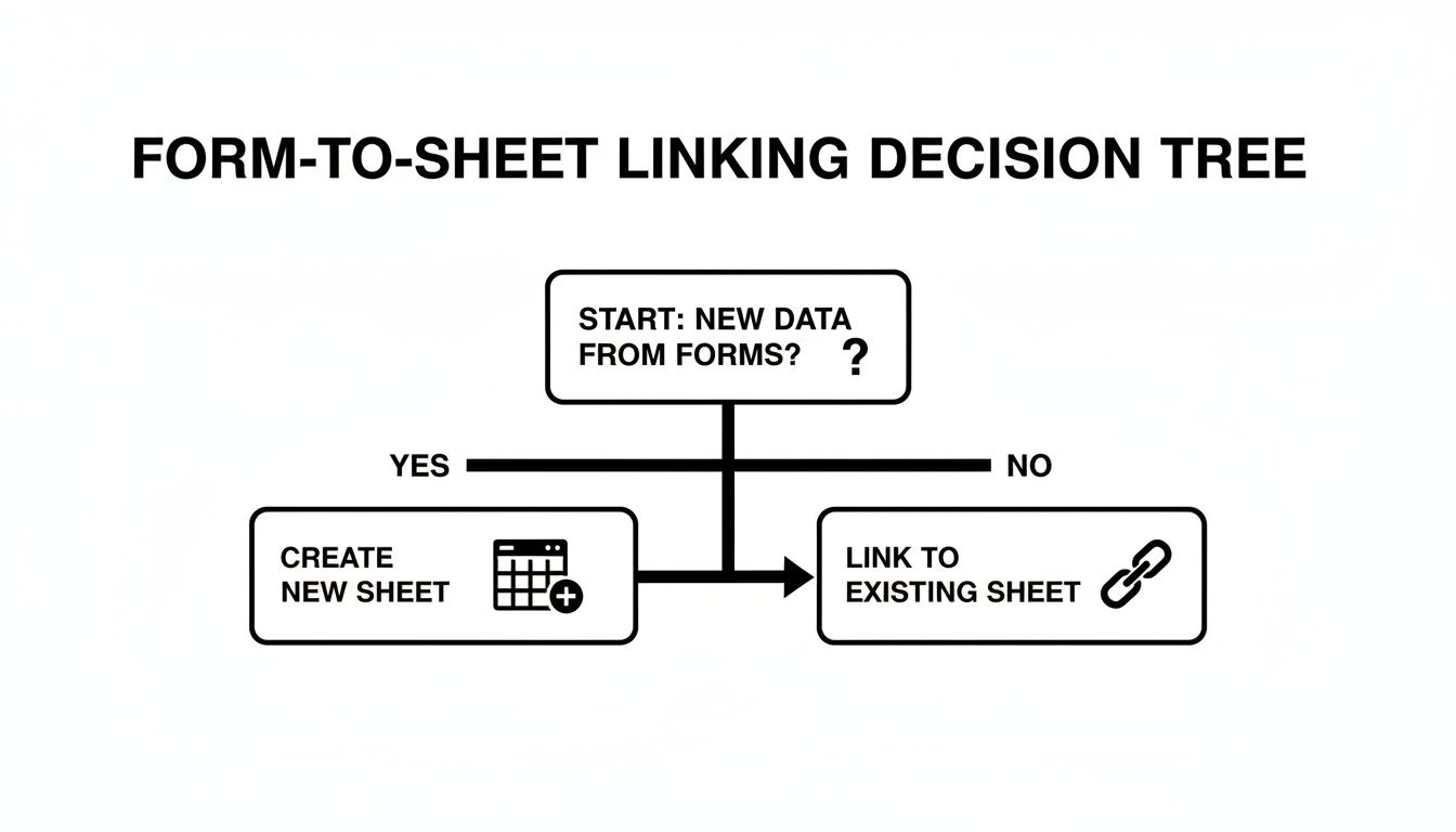 A decision tree diagram for linking data from forms to sheets, showing paths to create new or link to existing sheets.