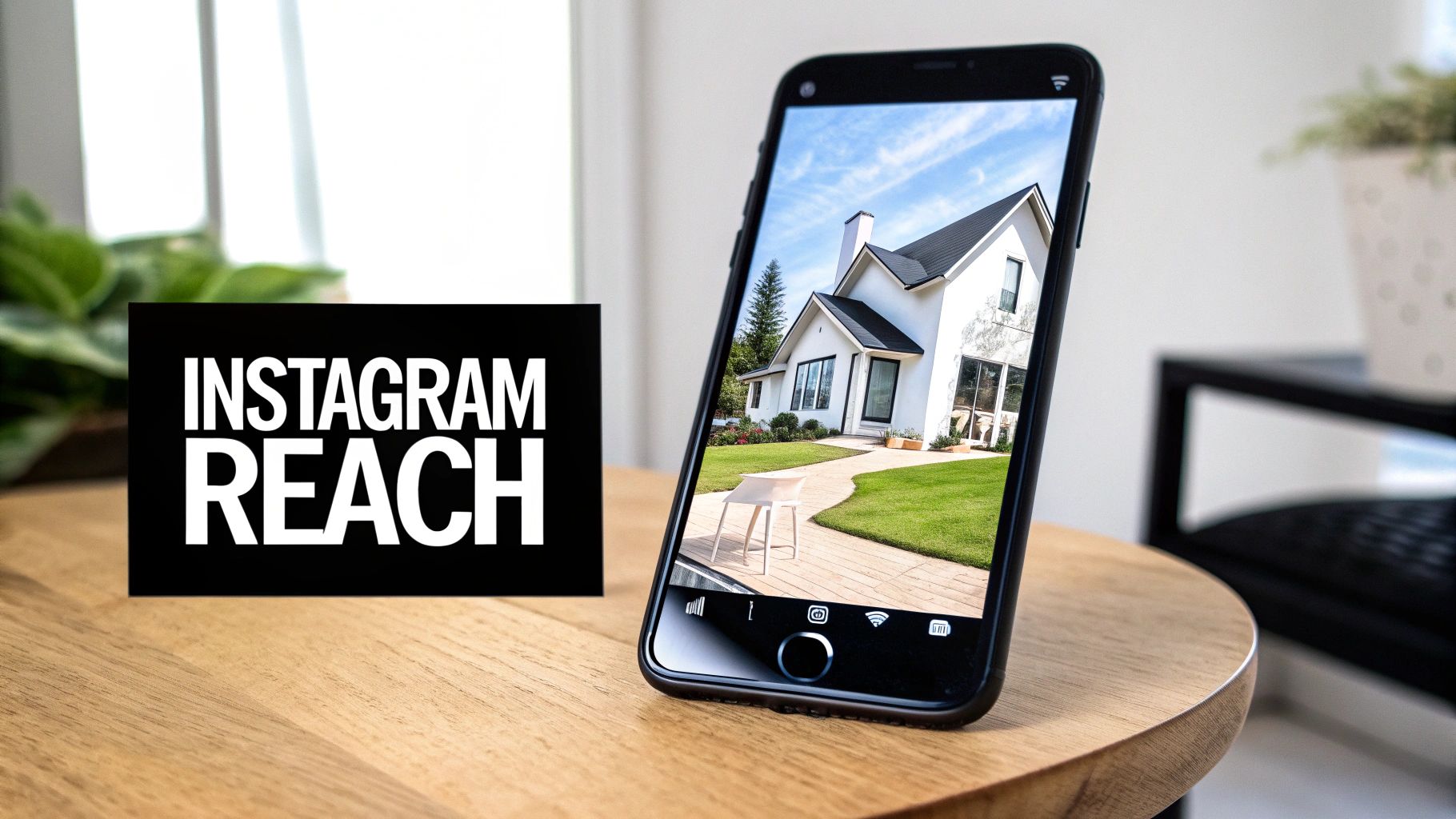 Smartphone displaying modern white house photo on screen with Instagram Reach text overlay for real estate marketing