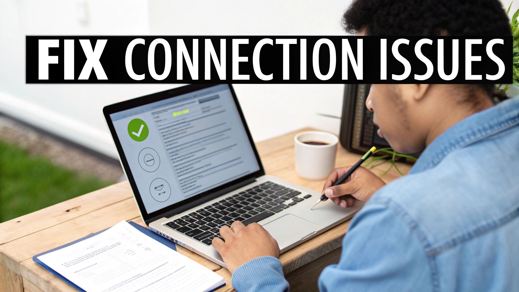 A person working on a laptop displaying 'FIX CONNECTION ISSUES' with a green checkmark.
