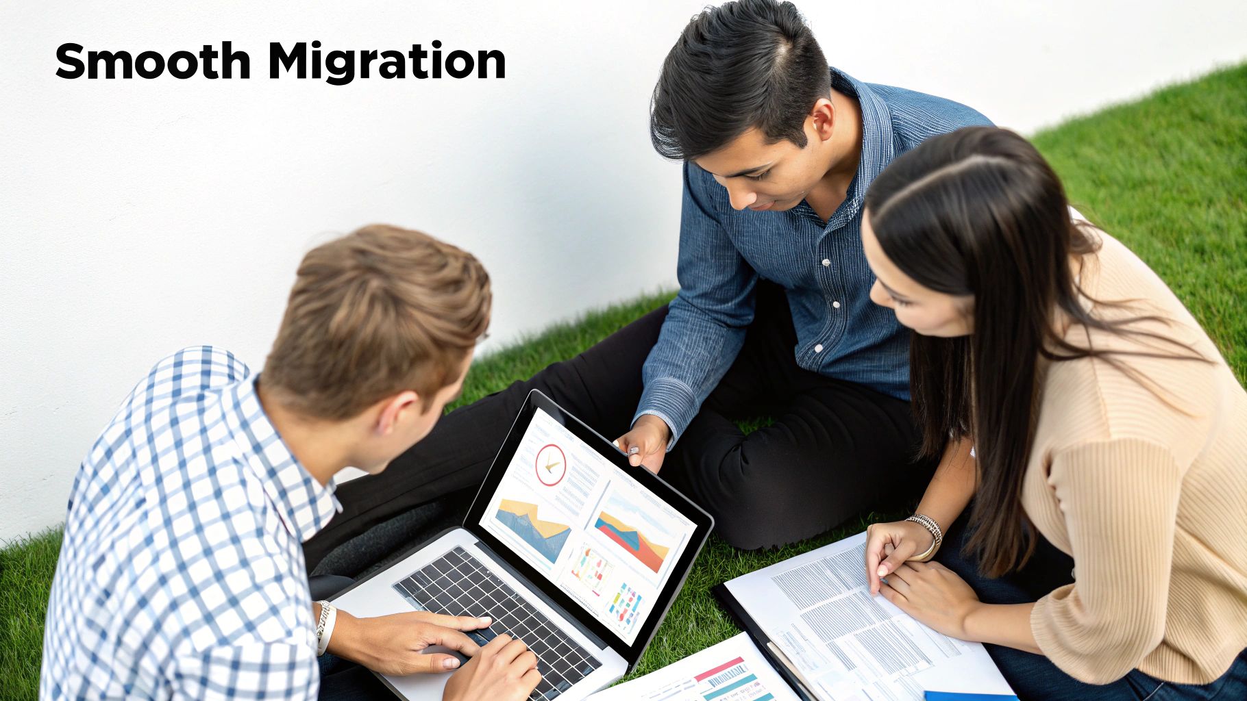 Three young professionals collaborate on a laptop showing data visualizations and documents outdoors.