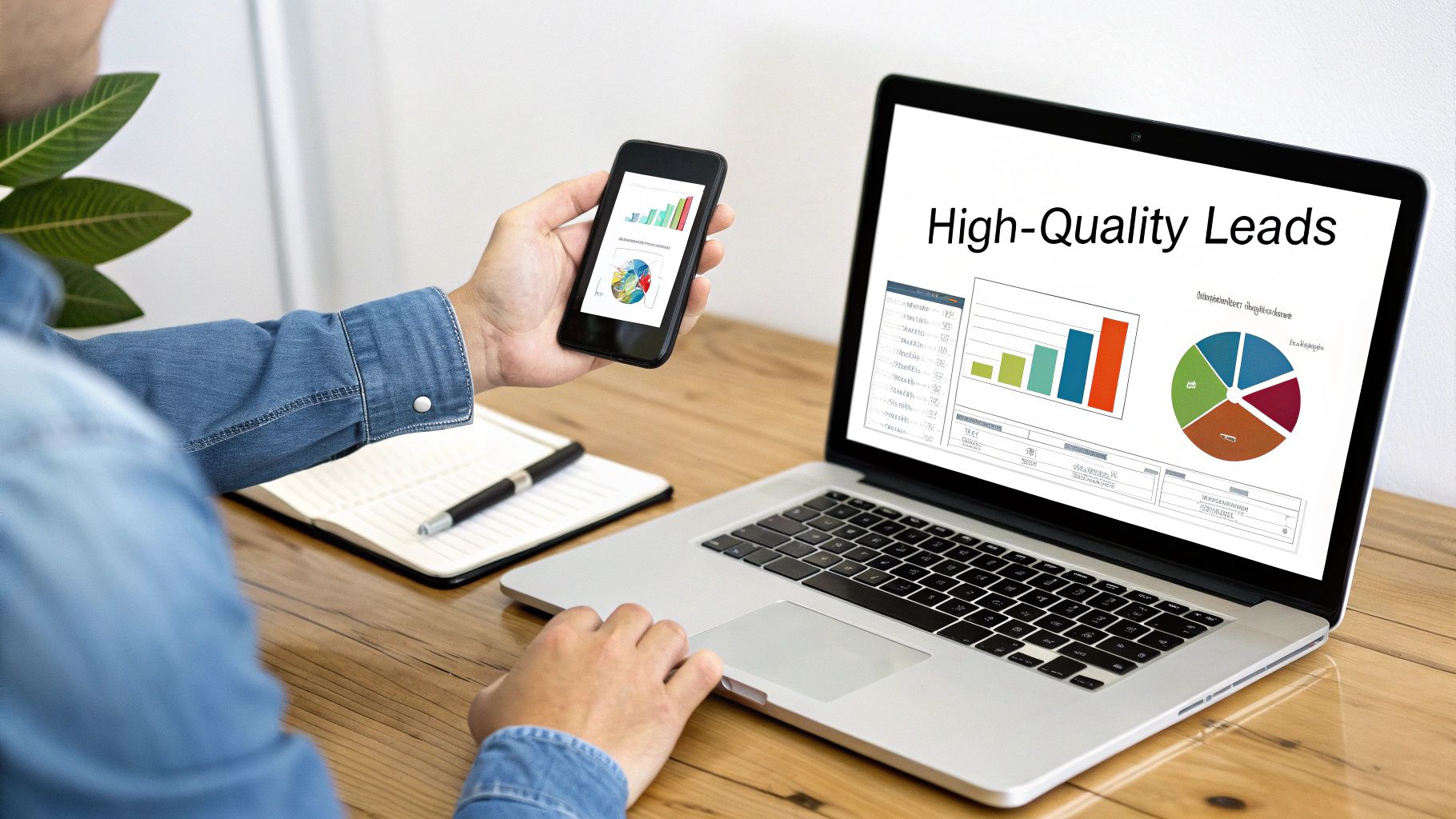 A person views data analysis and charts on a laptop and smartphone for lead generation.